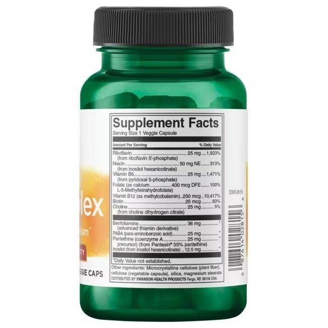 Rückseite der Swanson B-Komplex Flasche. Enthält Nährwertangaben und Inhaltsstoffe. Aufschrift: Supplement Facts, 1 Veggie Capsule.