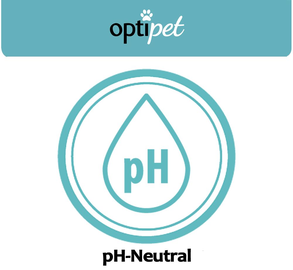 Kreisförmiges Symbol mit pH-Tropfen. Text: pH-Neutral. Optipet Logo.