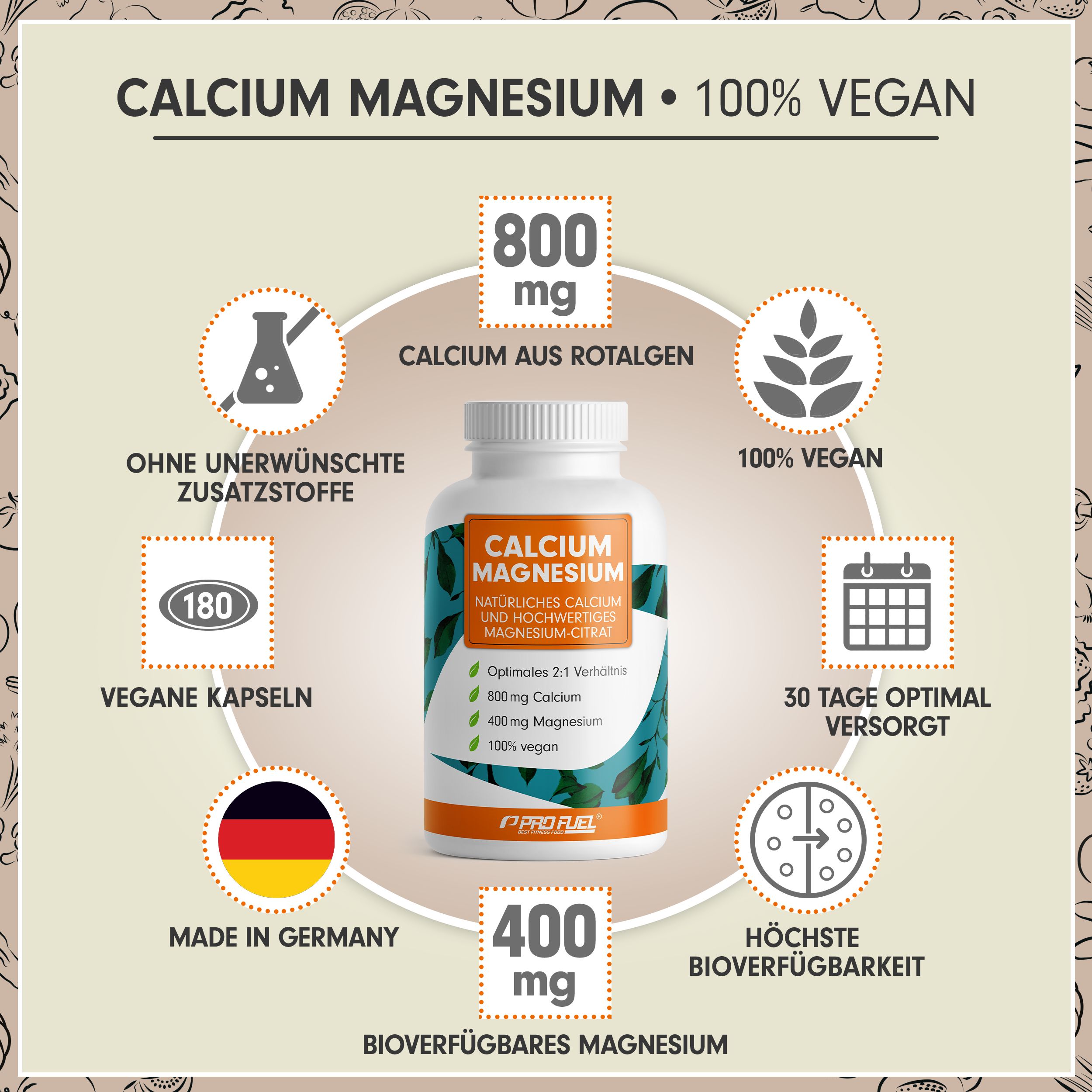 ProFuel - CALCIUM & MAGNESIUM Kapseln - hochdosiert mit 800mg Calcium & 400mg Magnesium 180 Kapseln