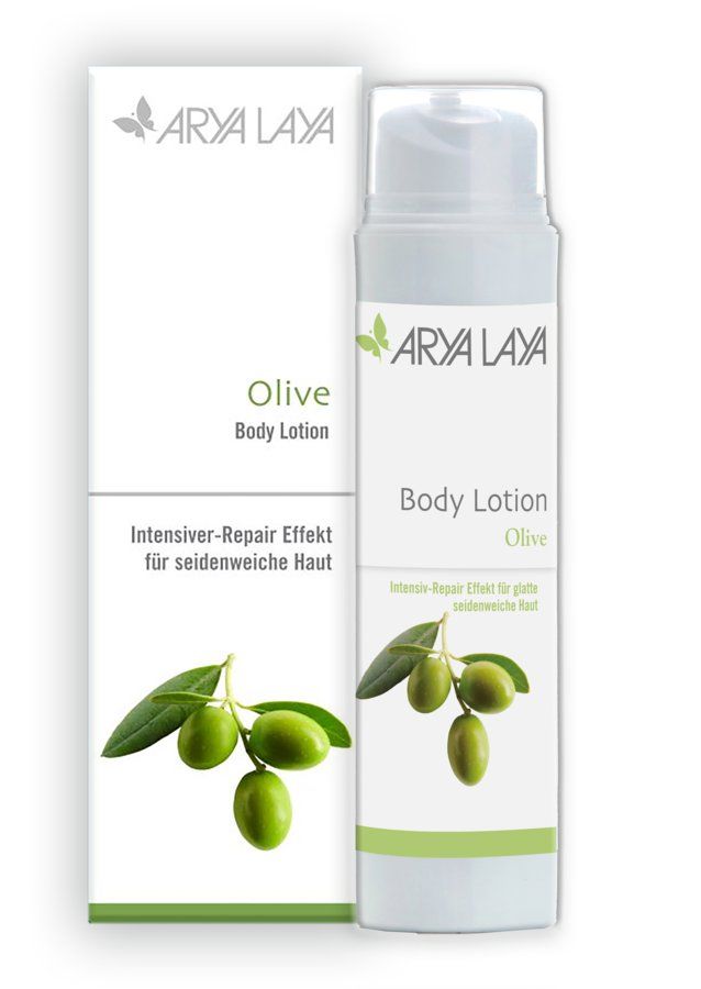 Körperlotion mit Oliven-Motiv. Auf der Verpackung steht "ARYA LAYA" und "Olive Body Lotion". Daneben eine Tube mit gleichem Design.