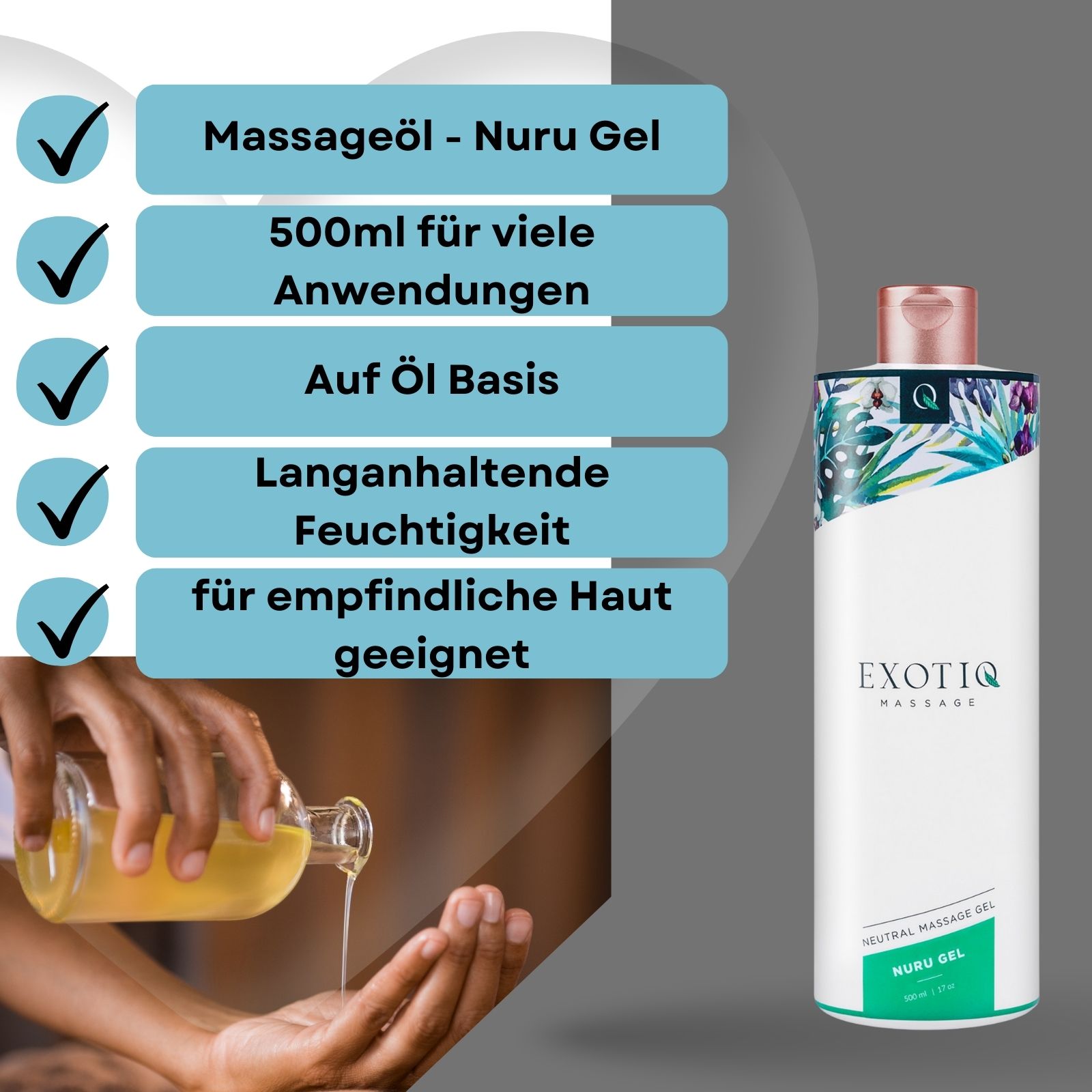Flasche mit weißem Etikett. Aufschrift: EXOTIQ MASSAGE. Floralmuster. Rosa Deckel. Gel wird gegossen.