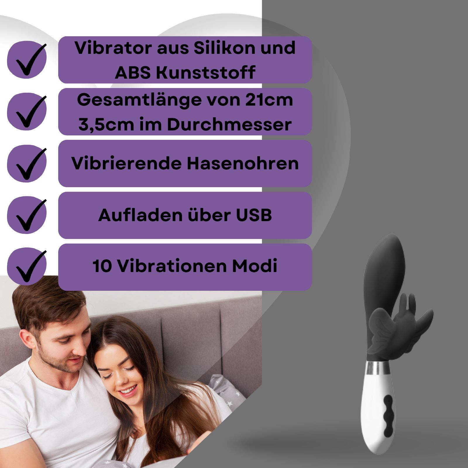 Vibrator aus Silikon und ABS-Kunststoff. 21cm lang, 3,5cm Durchmesser. Mit Hasenohren. Aufladung über USB. 10 Vibrationsmodi.