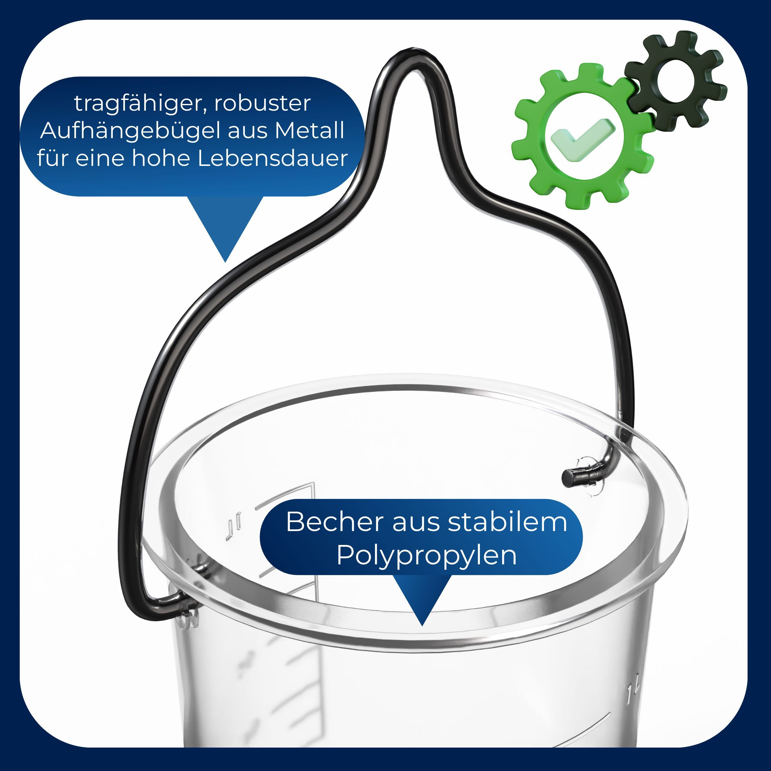 Einlaufbecher aus Polypropylen mit Metallbügel. Aufhängevorrichtung für lange Lebensdauer.