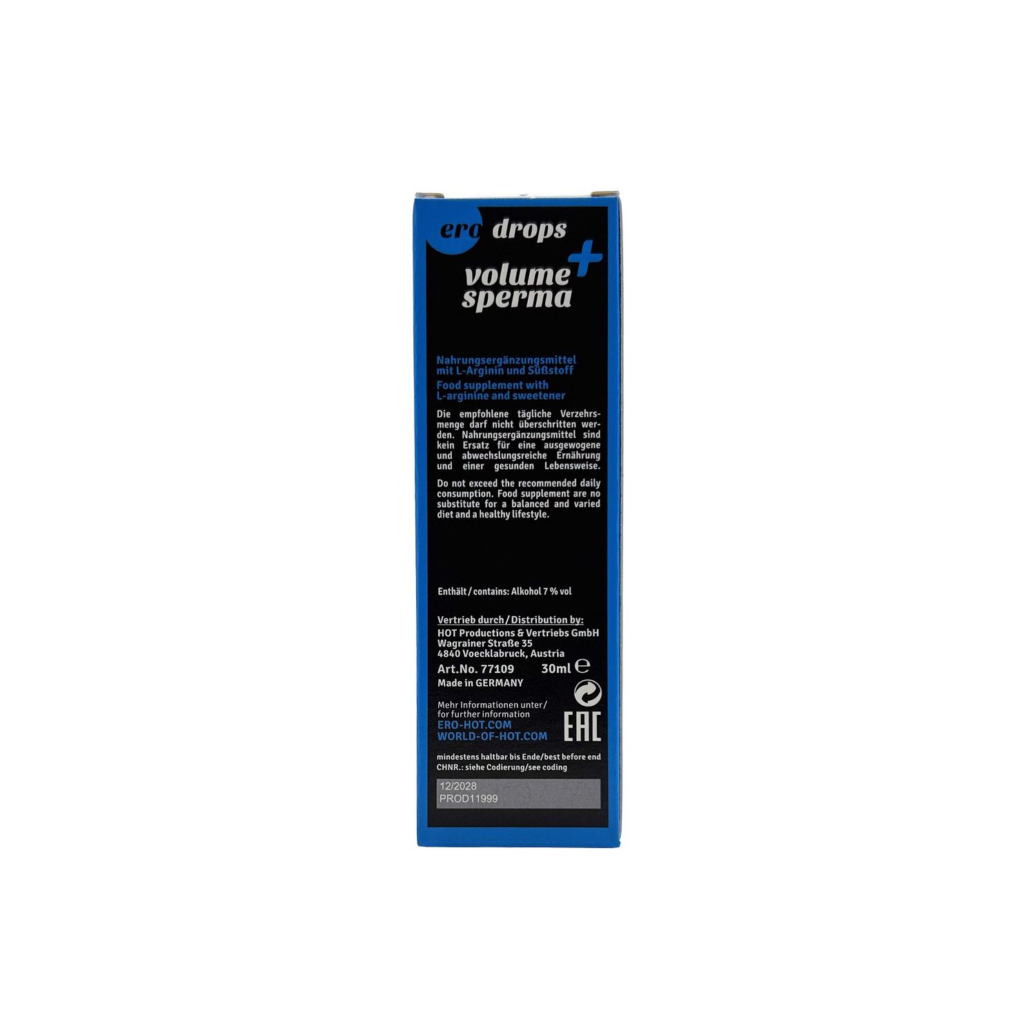 Seite der VOLUME drops men Verpackung mit Inhaltsstoffen und Herstellerangaben.