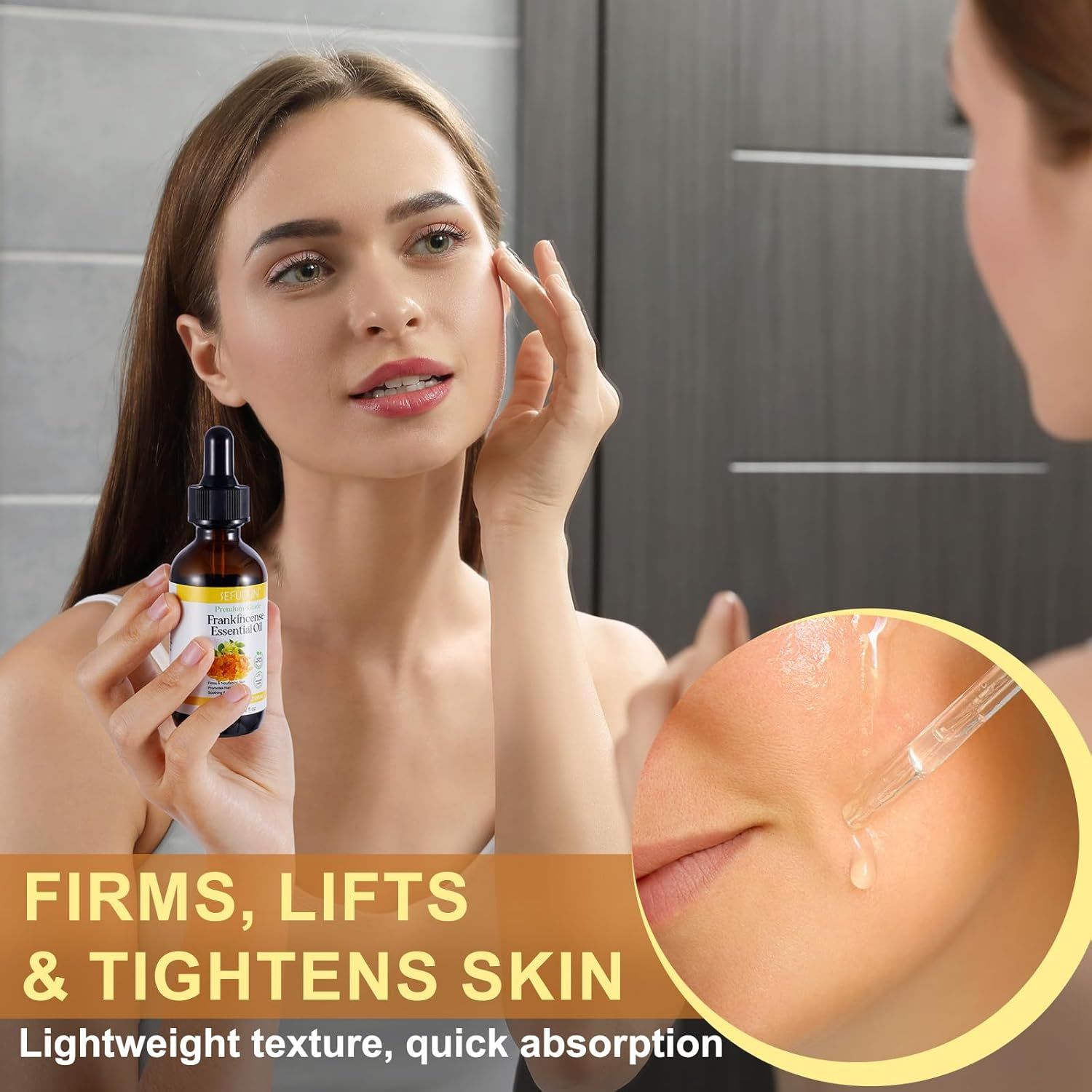 Frau vor Spiegel, trägt Öl mit Pipette auf. Aufschrift: Firms, lifts & tightens skin. Leichte Textur, schnelle Absorption.