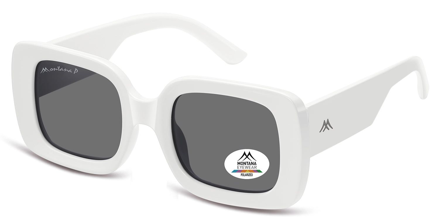 Weiße Sonnenbrille, graue Gläser. Rechteckige Form, abgerundete Ecken. Montana Eyewear Logo auf dem Bügel und Glas. Polarisiert.