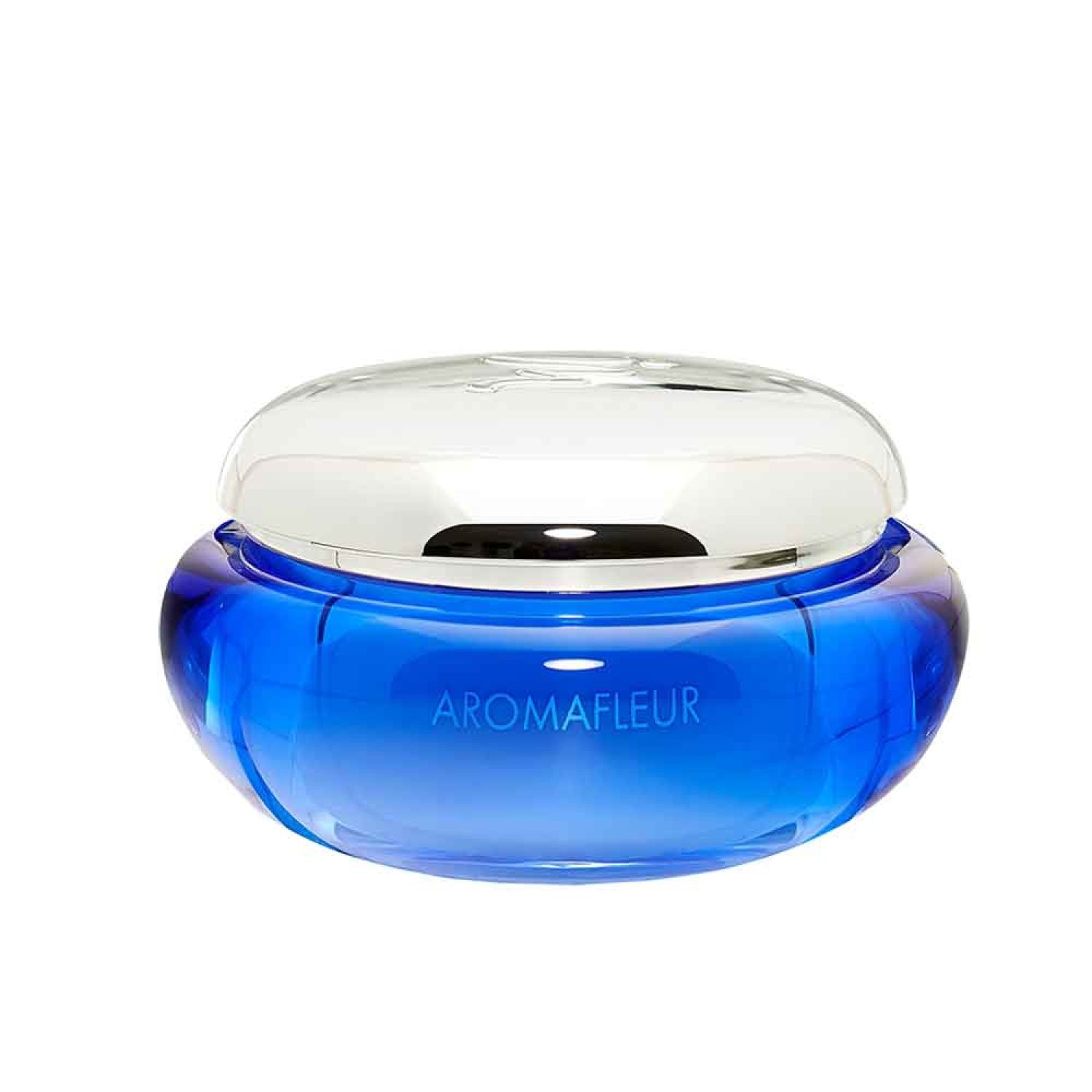 Blaues Creme-Glas mit silbernem Deckel. Aufschrift AROMAFLEUR. Rundes Gefäß.