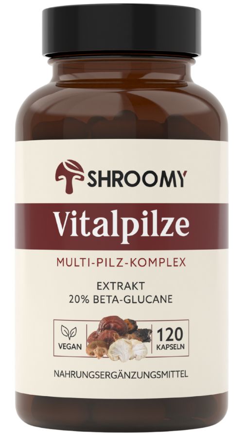 Braune Glasflasche mit schwarzen Deckel. Etikett mit "SHROOMY Vitalpilze", "120 Kapseln", "Vegan"-Siegel und Pilzabbildung.