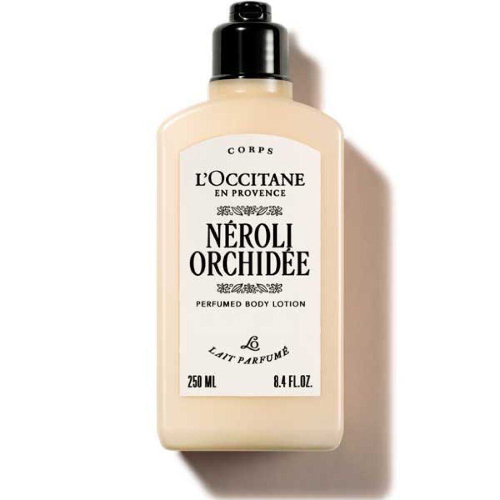 Körperlotion-Flasche mit schwarzem Deckel. Etikett mit Schriftzug: L'Occitane, Néróli Orchidée. 250 ml.