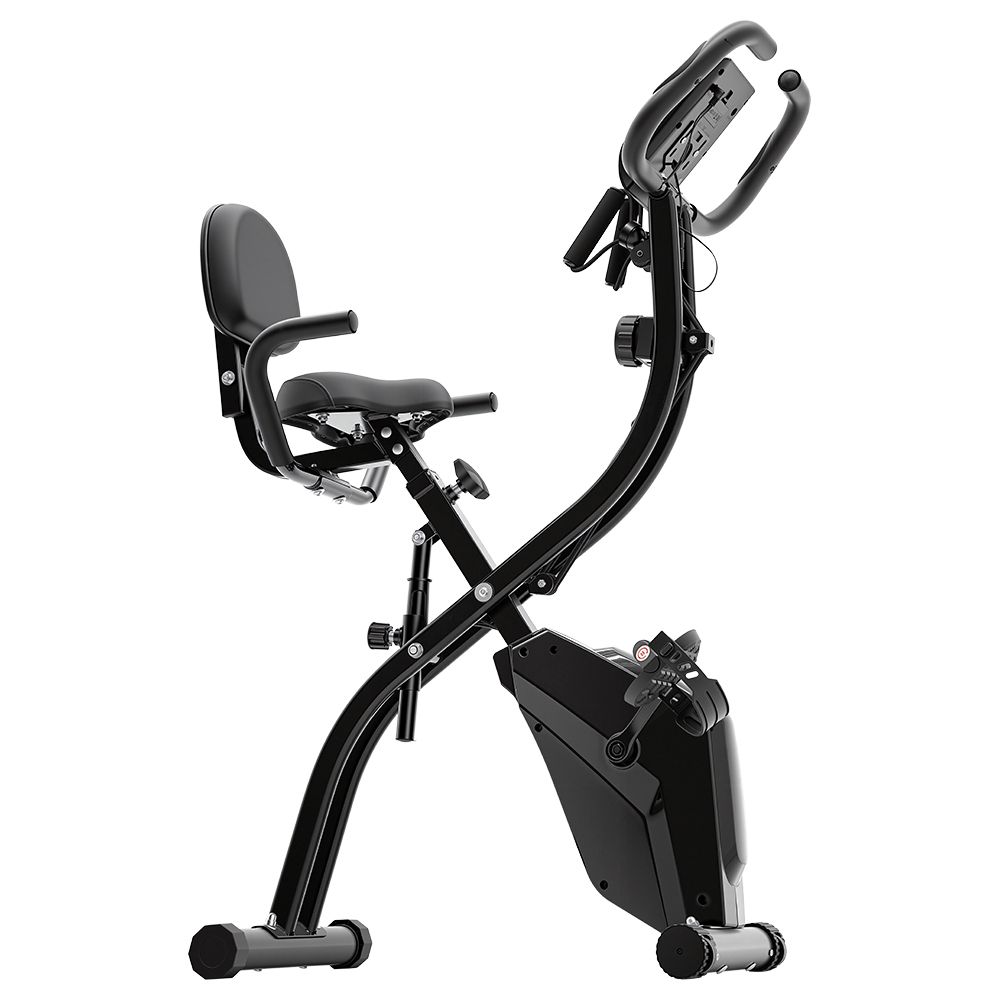 Schwarzer Heimtrainer mit Display, Sitz und Griffen.