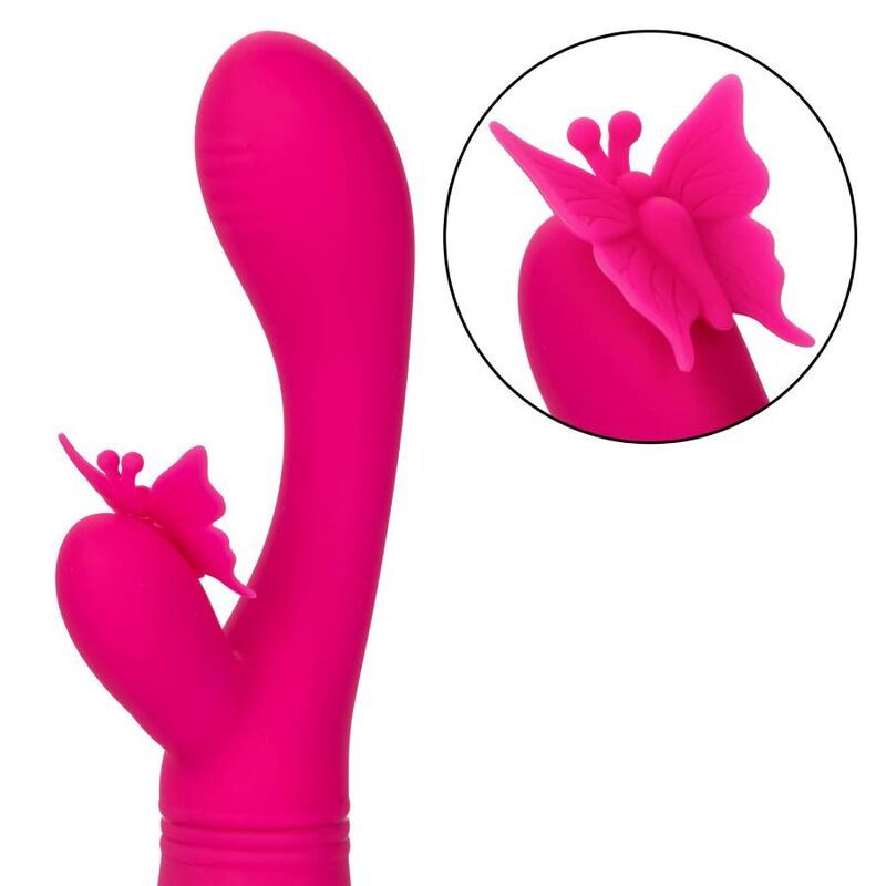 Rosa Vibrator mit Schmetterlingsdesign. Detailansicht des Schmetterlings. Weißer Hintergrund.