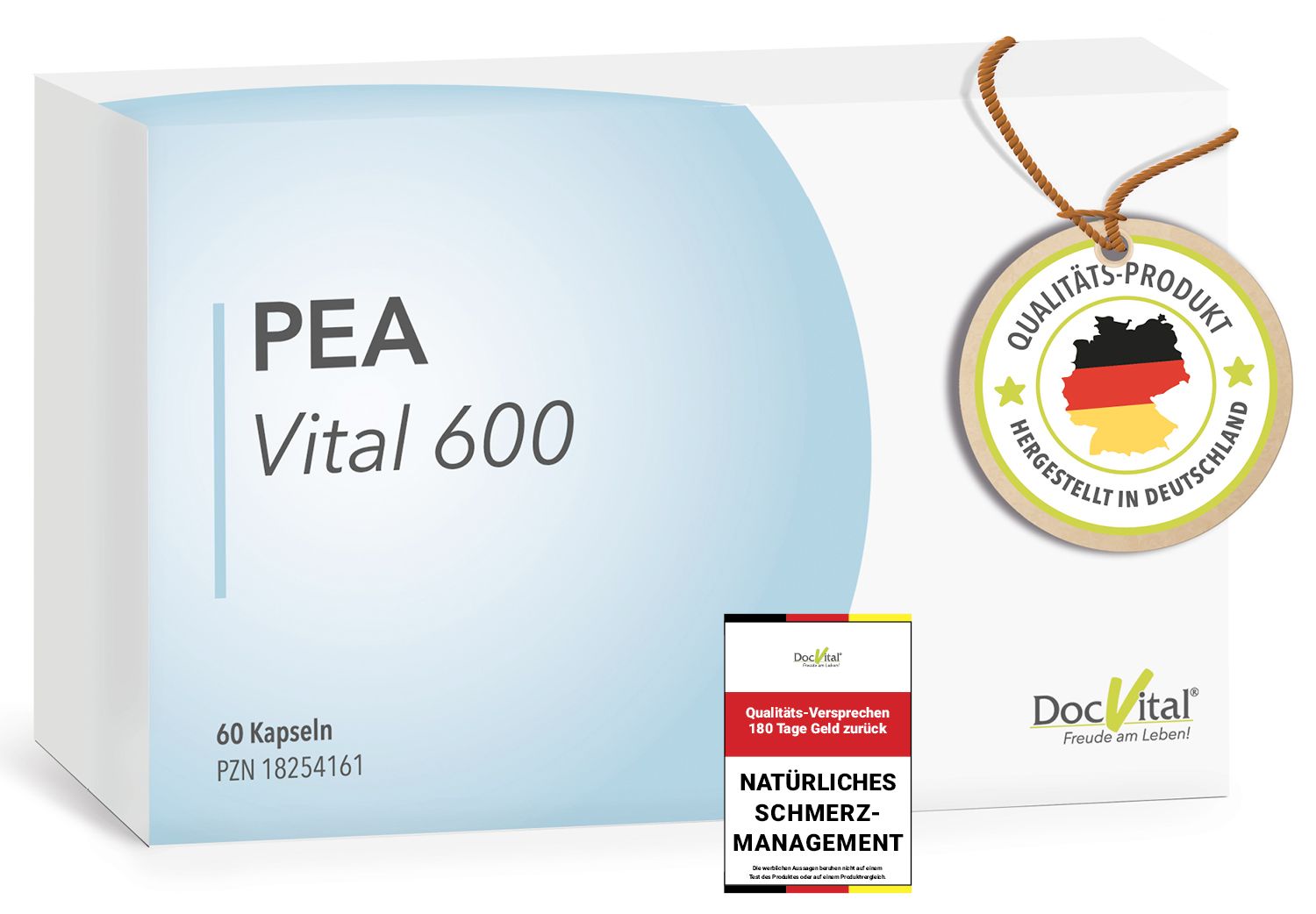 Weiße Schachtel mit PEA Vital 600 Kapseln. Kleines Etui mit Aufschrift. Anhänger mit Qualitäts-Produkt und Deutschland-Flagge.