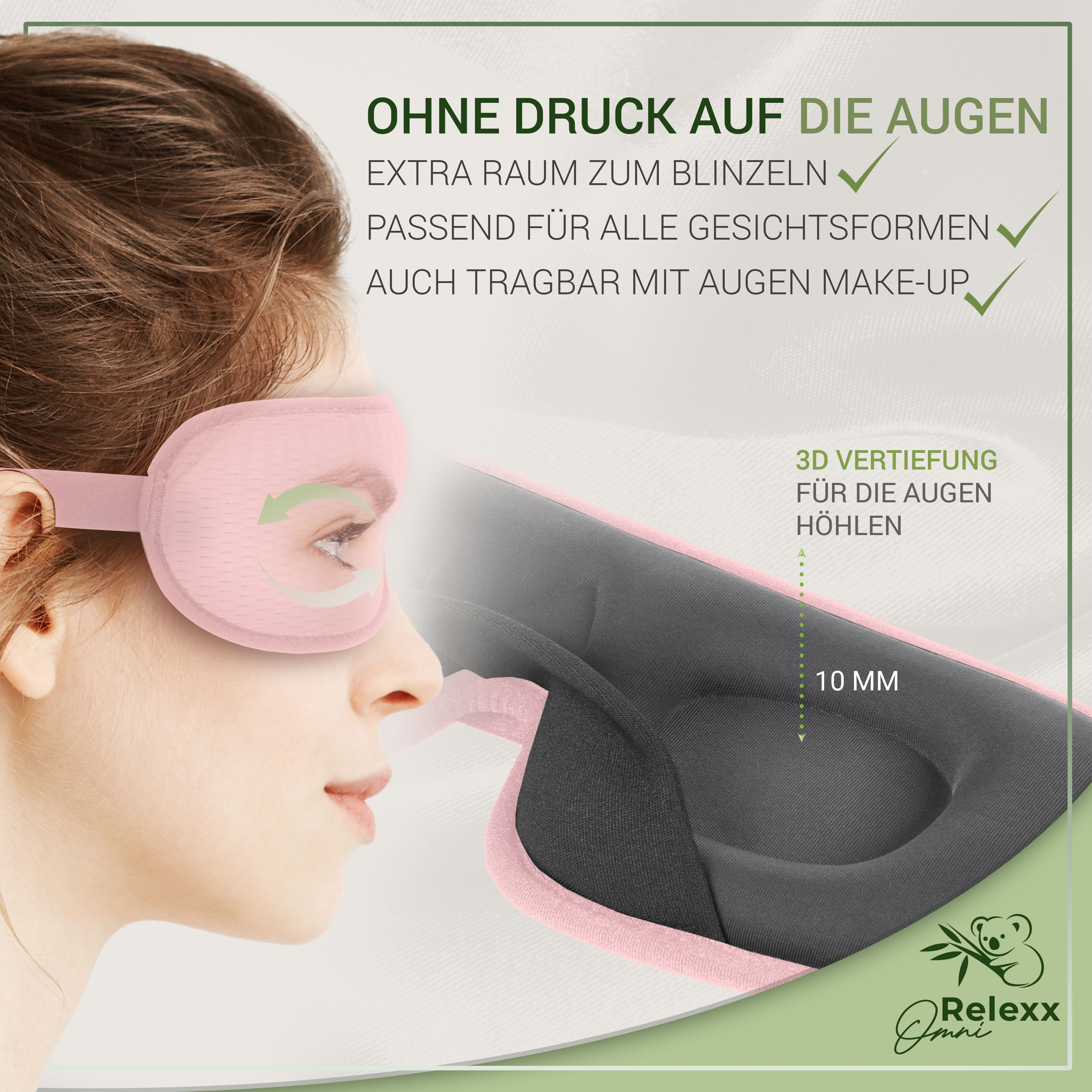 Frau mit rosa Schlafmaske. Text: Ohne Druck auf die Augen, für alle Gesichtsformen, auch mit Make-up. Marke OmniRelexx.