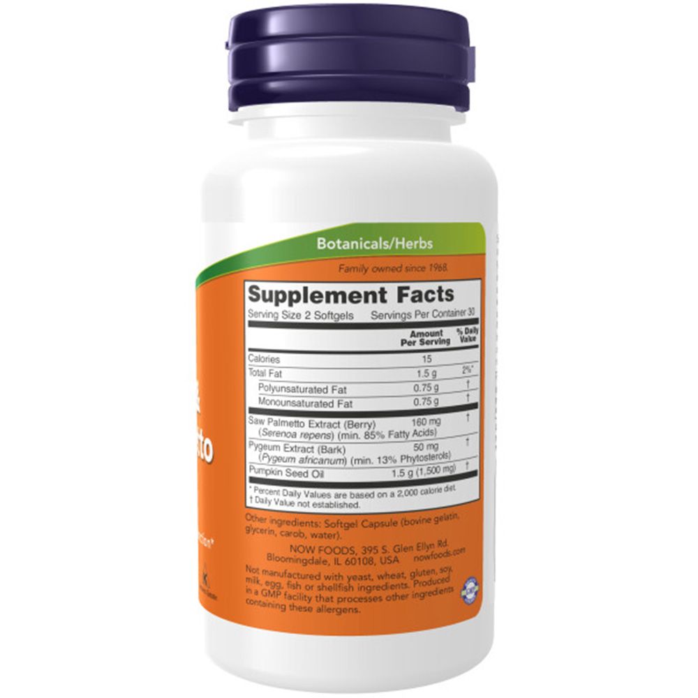 Rückseite der Flasche. Aufschrift: NOW FOODS. Supplement Facts. Enthält Sägepalmenextrakt, Pygeum-Extrakt und Kürbiskernöl. Inhaltsstoffe.
