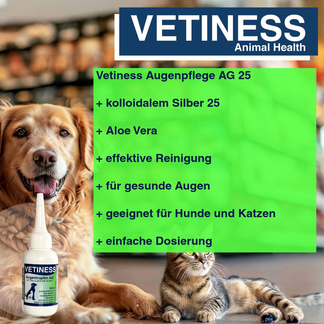 Hund und Katze neben einer Flasche Augentropfen. Text auf grünem Feld: Vetiness Augenpflege AG, kolloidales Silber, Aloe Vera, für gesunde Augen.