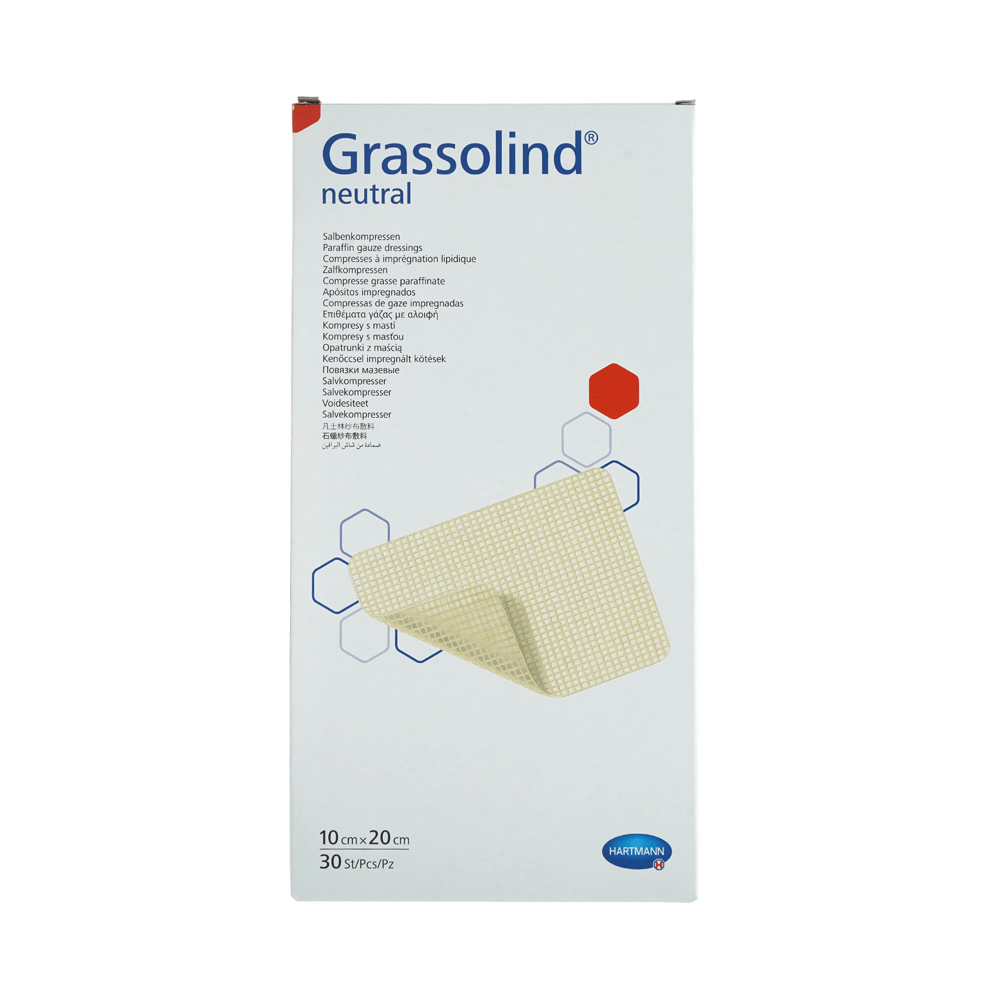 Verpackung von Grassolind neutral Salbenkompressen. Produktname und Marke deutlich sichtbar. Größe 10x20cm, 30 Stück.
