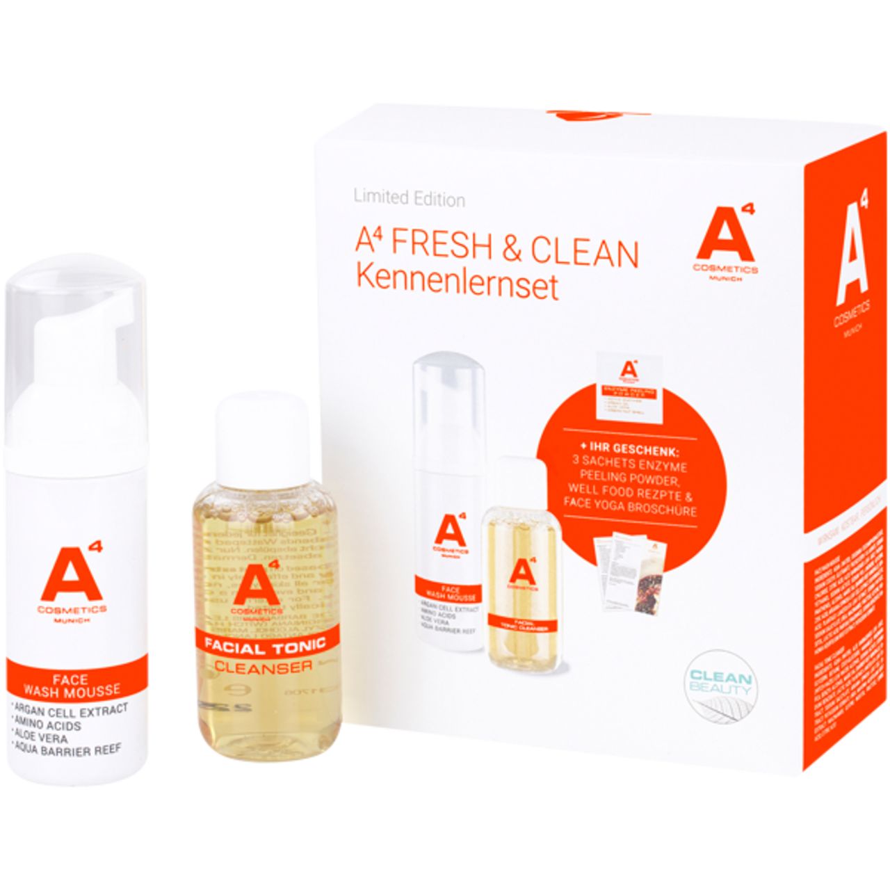 A4 Cosmetics Fresh & Clean Set. Gesichtswaschmousse und Gesichtstonic. Weißer Karton mit roter Schrift. Enthält Broschüre.