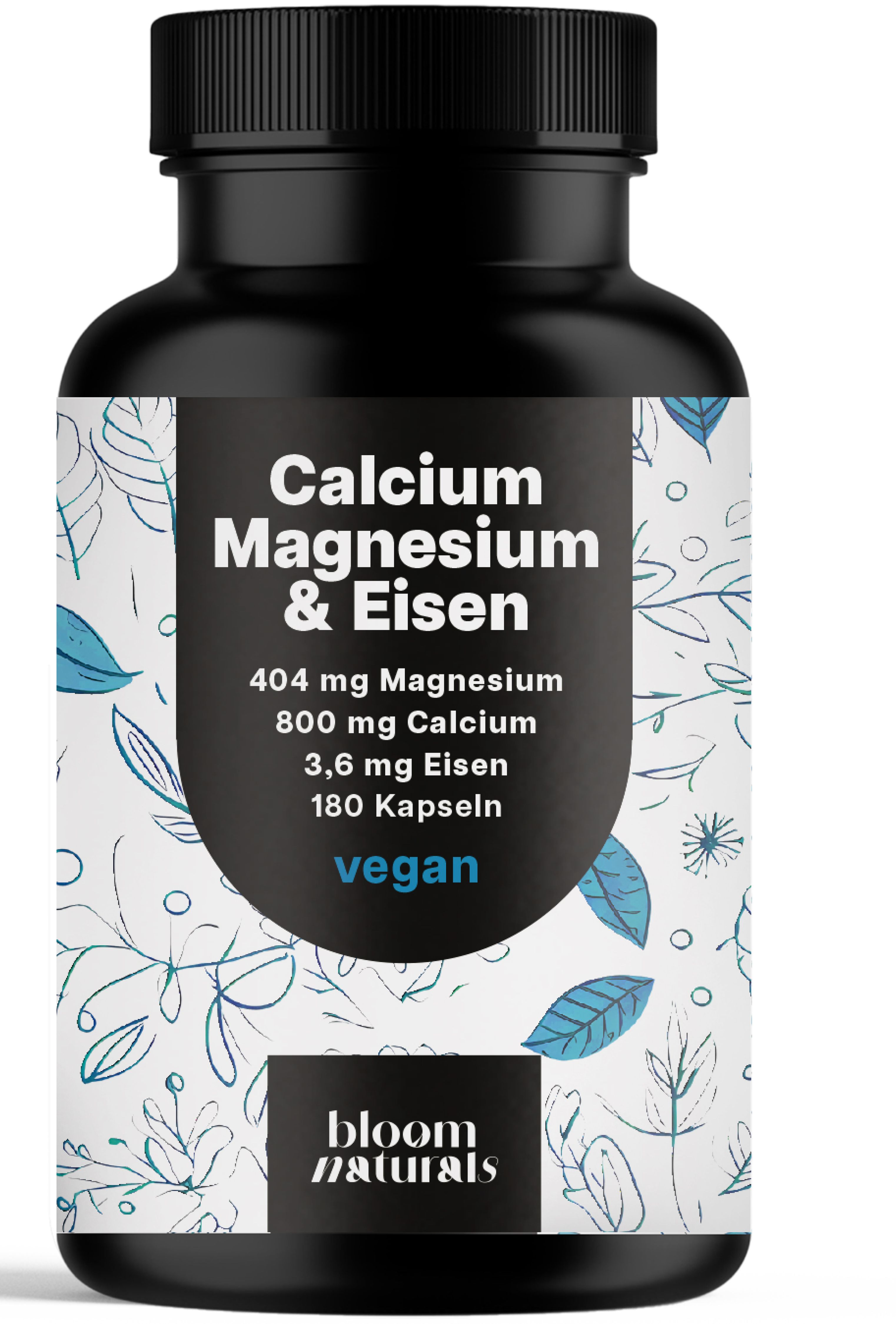 Schwarze Flasche mit weißem Etikett. Aufschrift: Calcium Magnesium & Eisen. Enthält 180 Kapseln. Marke: Bloom Naturals.