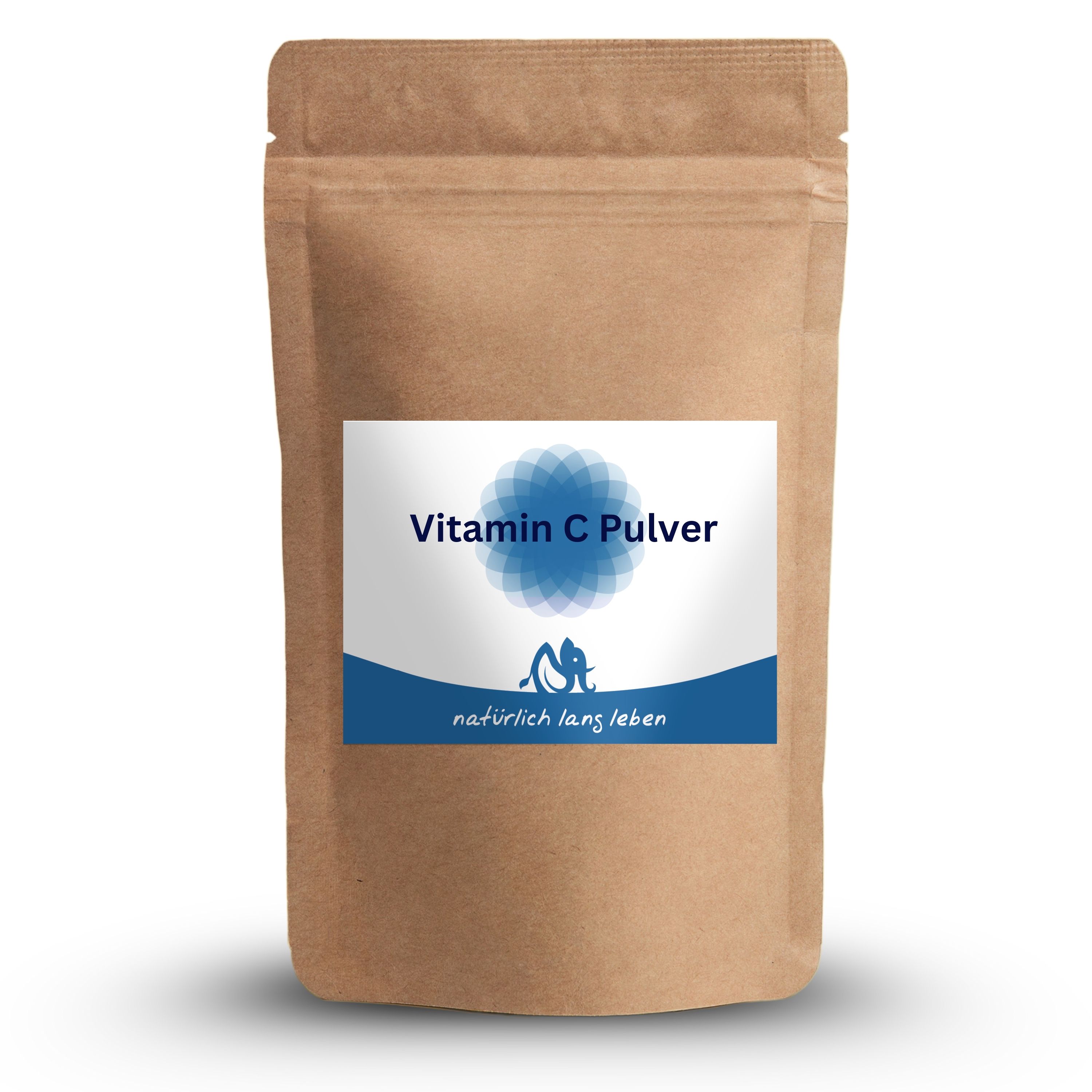 Braune Tüte mit blau-weißem Etikett. Aufschrift: Vitamin C Pulver und natürlich lang leben. Produktverpackung.