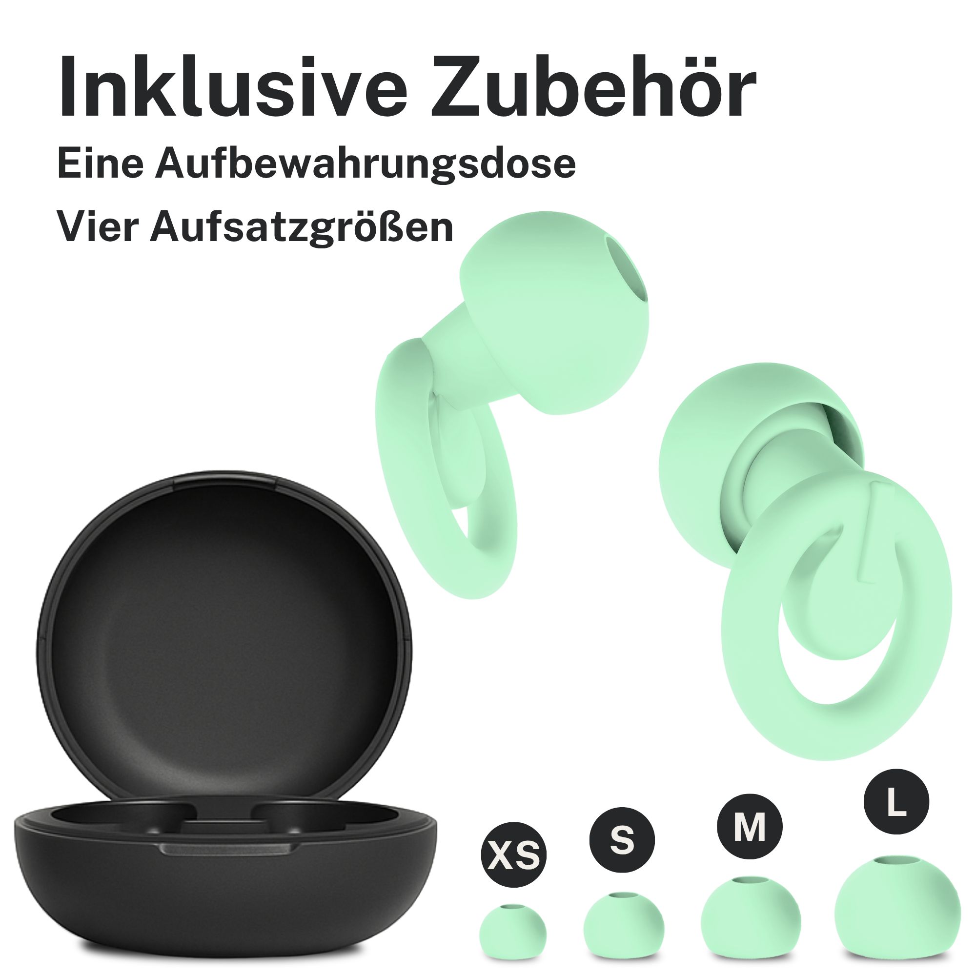 Ohrstöpsel mit Aufbewahrungsdose und vier Aufsatzgrößen: XS, S, M, L. Hellgrün. Inklusive Zubehör.