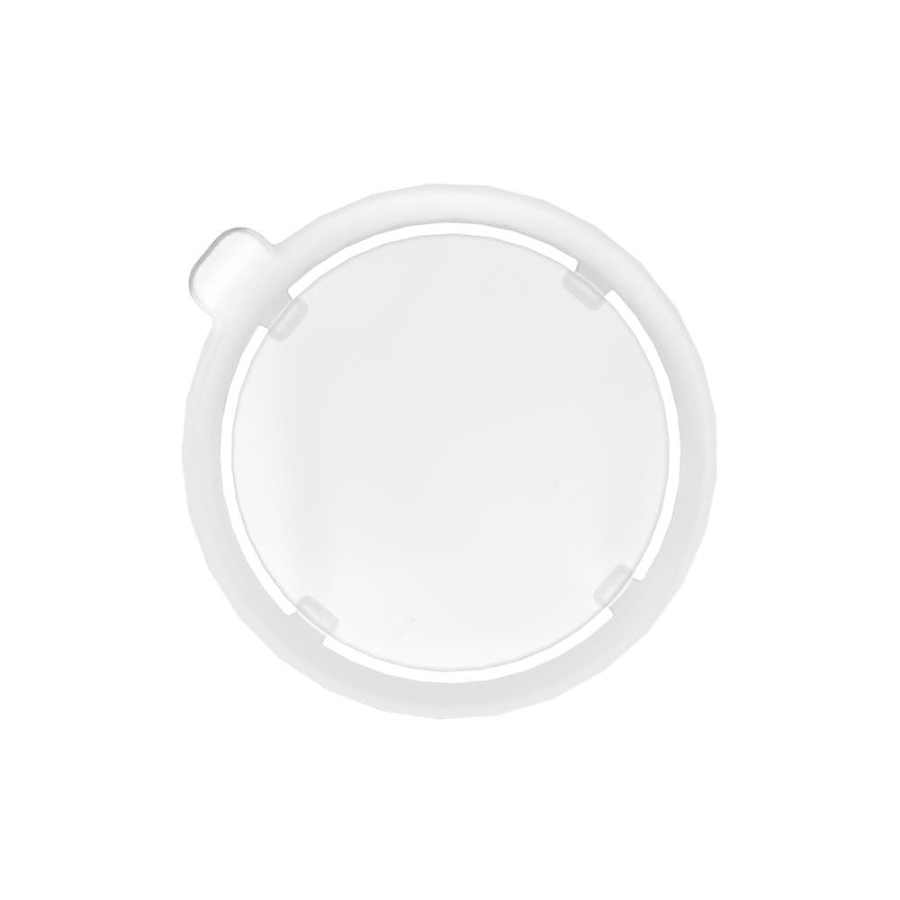 Weißer Deckel mit Trink-Trick, von oben. Runde Form, kleine Aussparung.