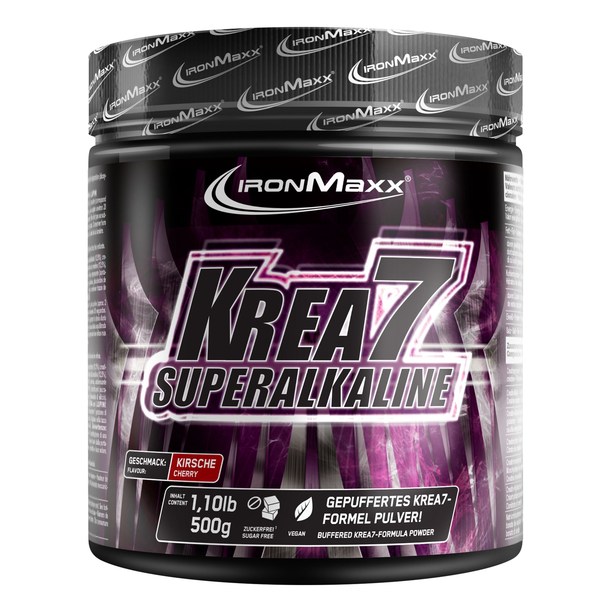 Dose IronMaxx Krea7 Superalkaline Pulver, Kirschgeschmack, 500g.