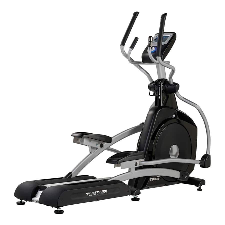Crosstrainer. Schwarz-silbernes Fitnessgerät mit Griffen und Display. Tunturi-Logo sichtbar.