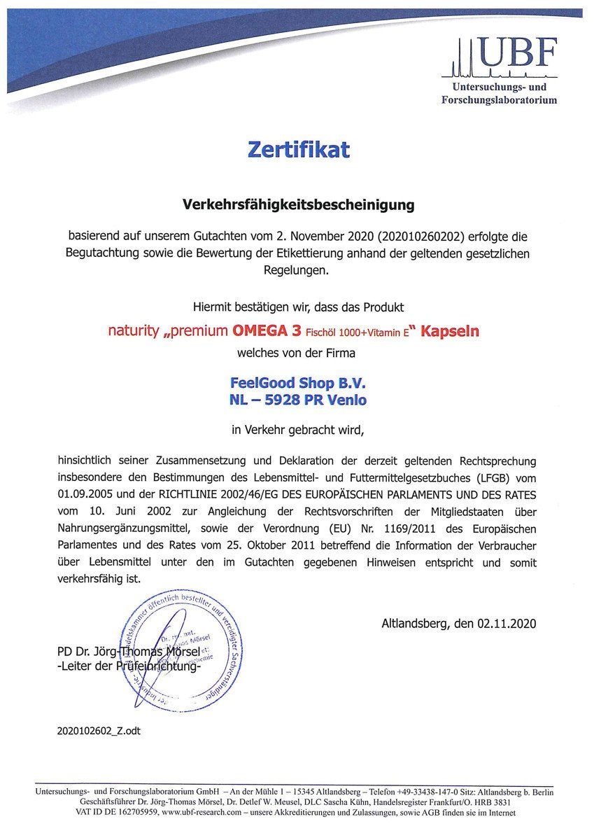 Zertifikat der Verkehrsfähigkeit für Naturity premium OMEGA 3 Fischöl 1000 + Vitamin E Kapseln. Ausgestellt von UBF.