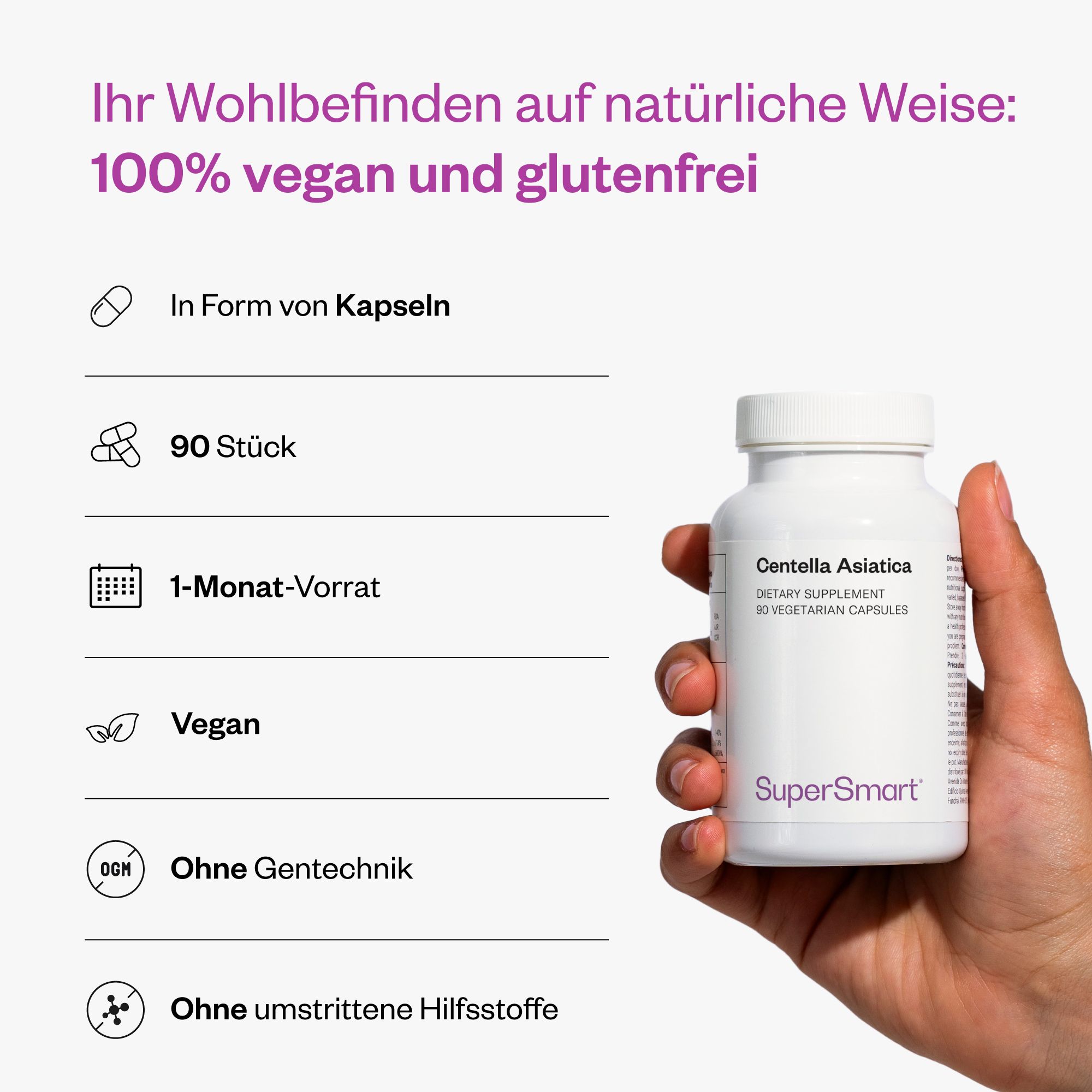 Person hält eine weiße Flasche mit Centella asiatica-Kapseln. Text: 90 Stück, 1-Monat-Vorrat, vegan, ohne Gentechnik. SuperSmart-Logo.