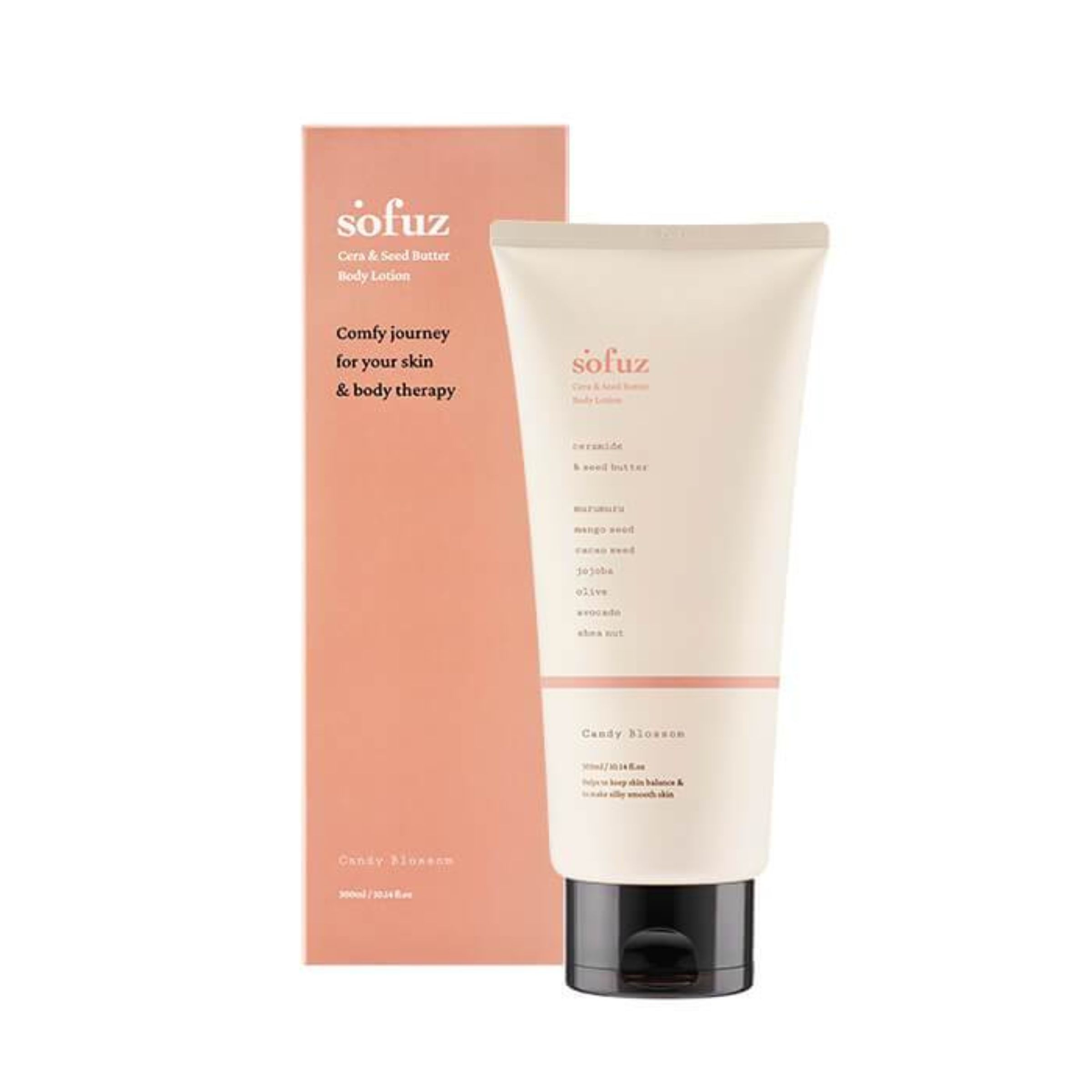 Creme-Tube und Verpackung. Aufschrift: Sofuz, Cera & Seed Butter Body Lotion, Candy Blossom. Inhaltsstoffe: Mango, Avocado, Sheabutter.