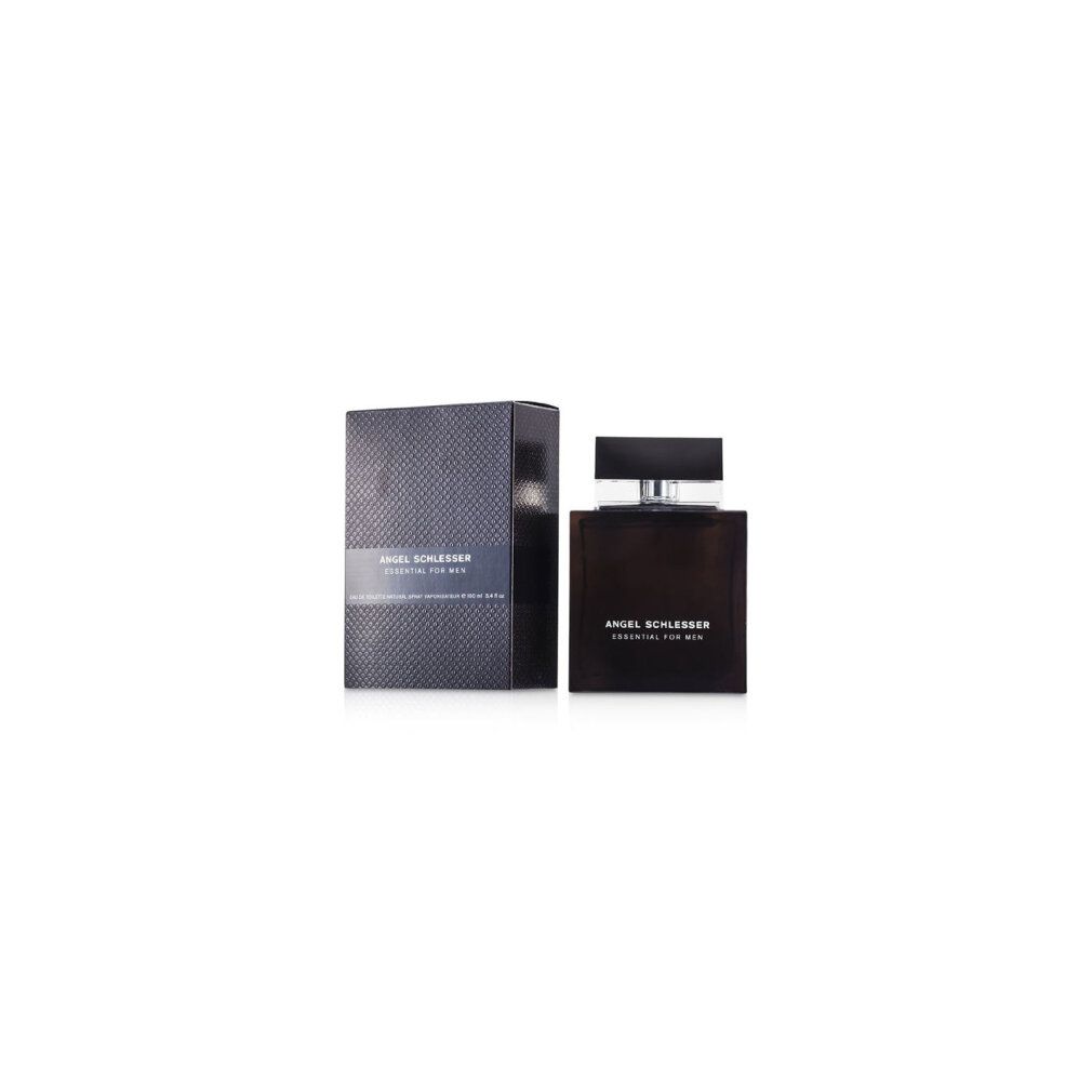 Schwarzer Flakon und Schachtel. Aufschrift: Angel Schlesser Essential For Men. Eau de Toilette Spray.