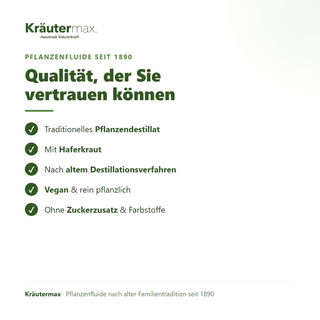 Kräutermax Pflanzenfluid seit 1890. Traditionelles Destillat, mit Haferkraut, vegan, ohne Zuckerzusatz.