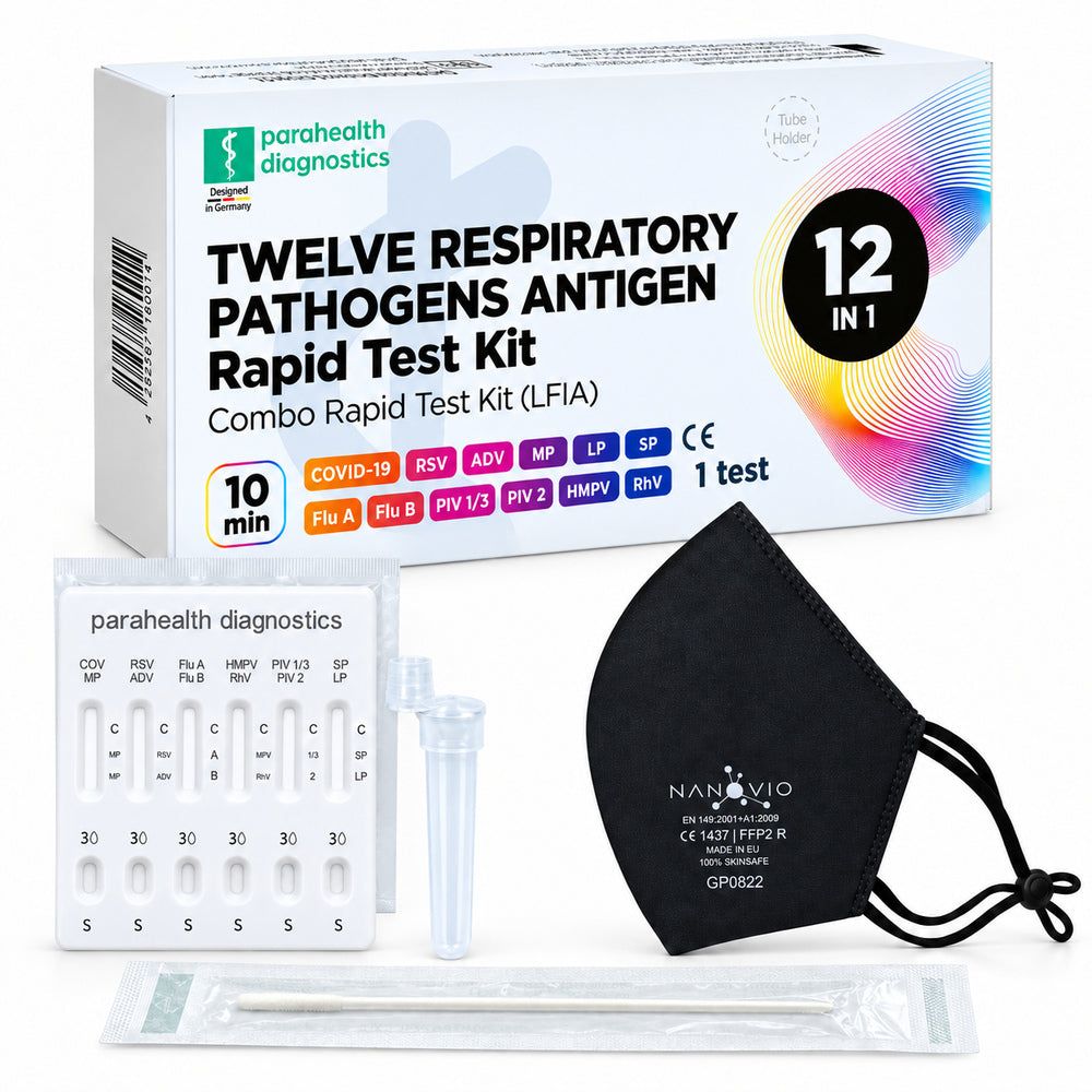 Parahhealth Diagnostics 12-in-1 Kombi-Schnelltestkit für Atemwegspatogene mit Maske und Zubehör.