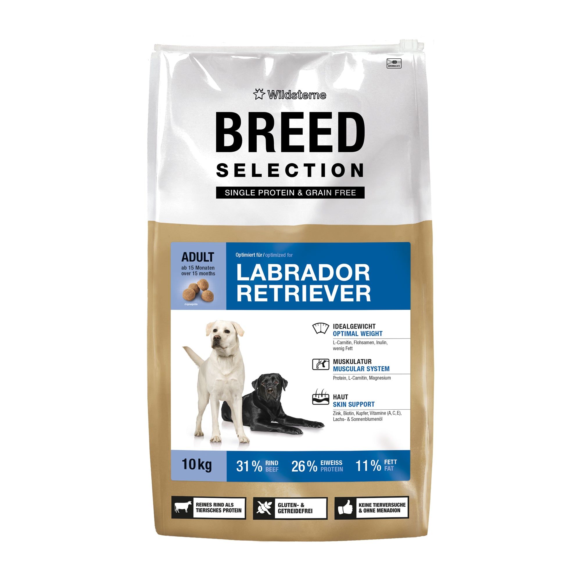 Wildsterne Breed Selection Labrador Retriever Hundefutter, 10kg Beutel mit Abbildung zweier Labradore.