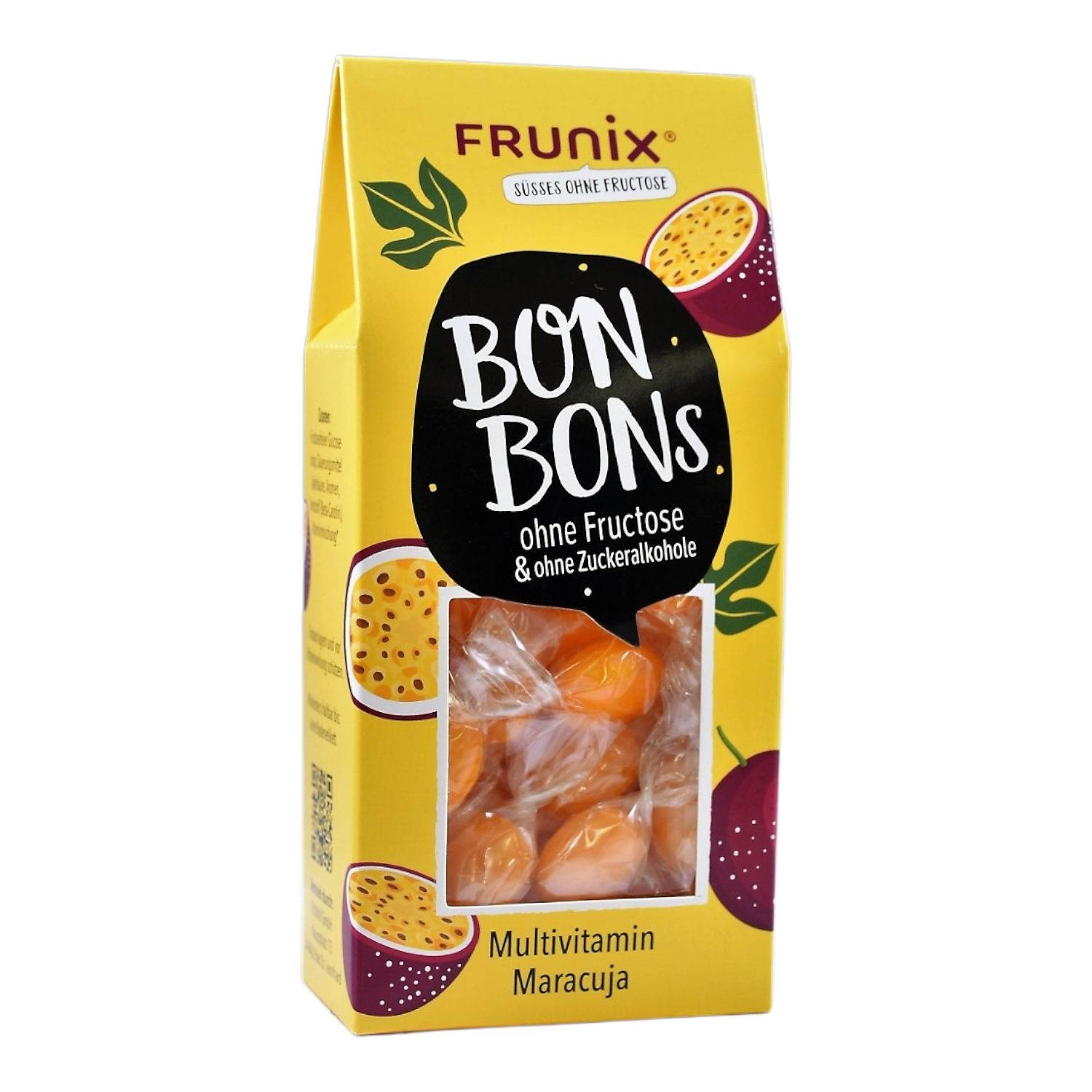 Gelbe Verpackung mit Bonbons, Maracuja-Geschmack. Aufschrift: Bon Bons, ohne Fructose, Multivitamin. Inhalt sichtbar.