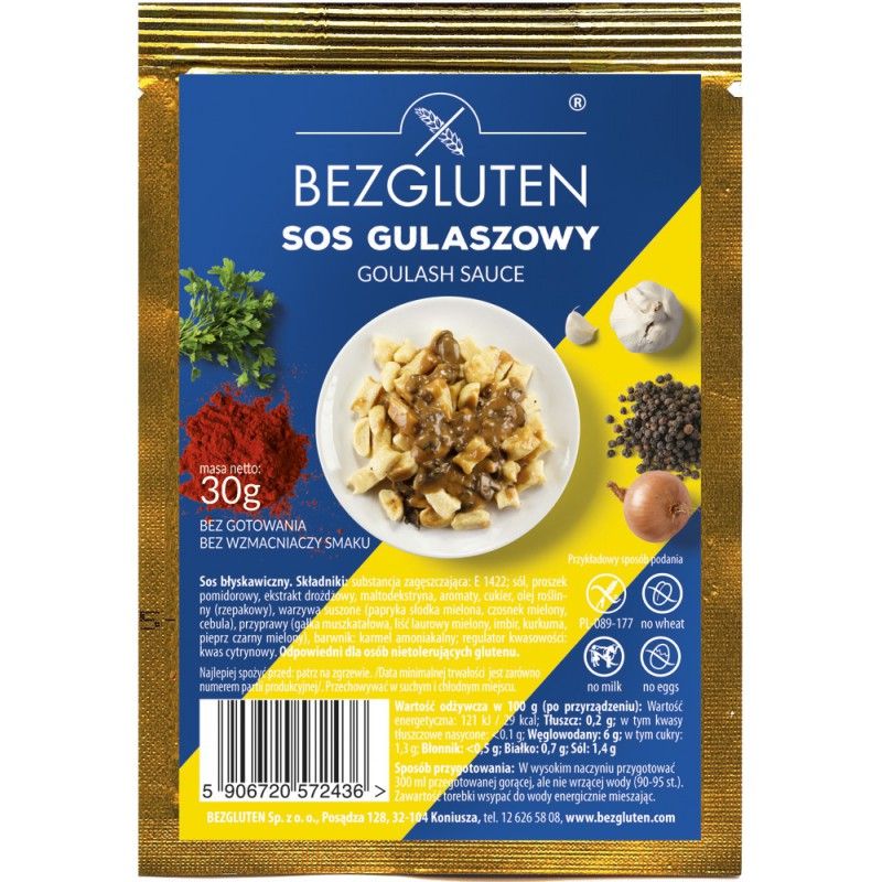 Verpackung von Bezgluten Gulasch Sauce. Blaue Vorderseite mit Produktbild, Zutaten und Logo. Enthält 30g.