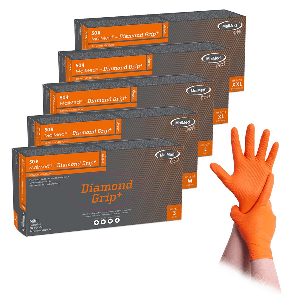Fünf Schachteln MaiMed® Diamond Grip+ Schutzhandschuhe, in verschiedenen Größen. Die Handschuhe sind orange und werden von einer Hand getragen. Die Schachteln zeigen Größen von S bis XXL. Auf den Schachteln steht "50" und "Diamond Grip+".