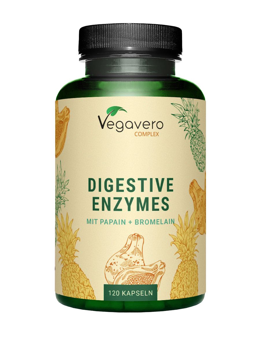 Grüne Flasche mit Kapseln. Aufschrift: Digestive Enzymes, mit Papain + Bromelain, 120 Kapseln. Vegavero-Logo.