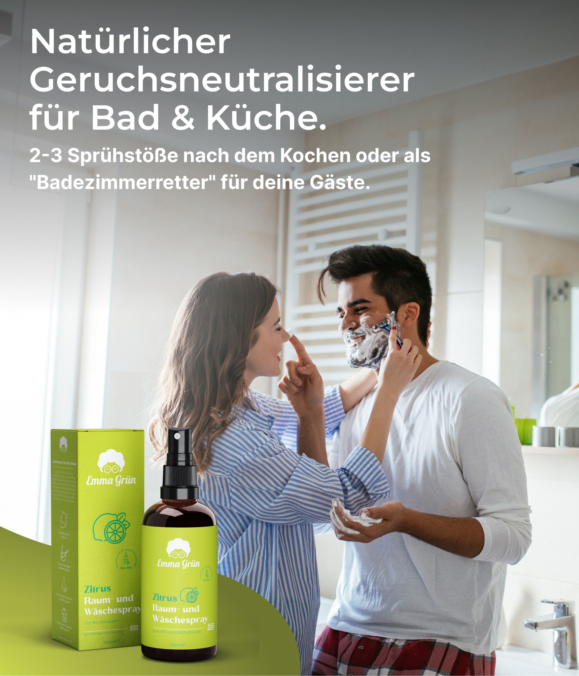 Mann rasiert sich, Frau daneben. Neben ihnen: eine Flasche und eine Verpackung von Emma Grün Zitrus Raum- und Wäschespray.