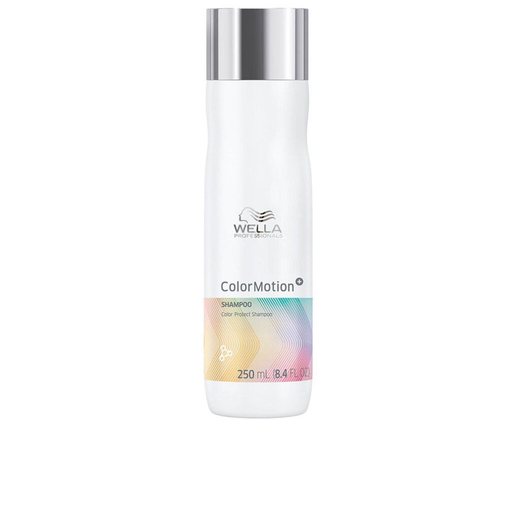 Weiße Shampoo-Flasche mit silbernem Deckel. Aufschrift: Wella Color Motion Shampoo. Farbiger Streifen unten. 250 ml.