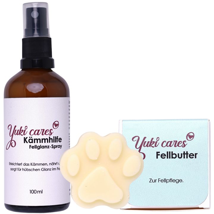 Braune Sprühflasche und Pfotenform-Produkt neben hellblauem Karton. Beschriftung: Yuki cares, Kämhilfe, Fellglanz-Spray, Fellbutter.
