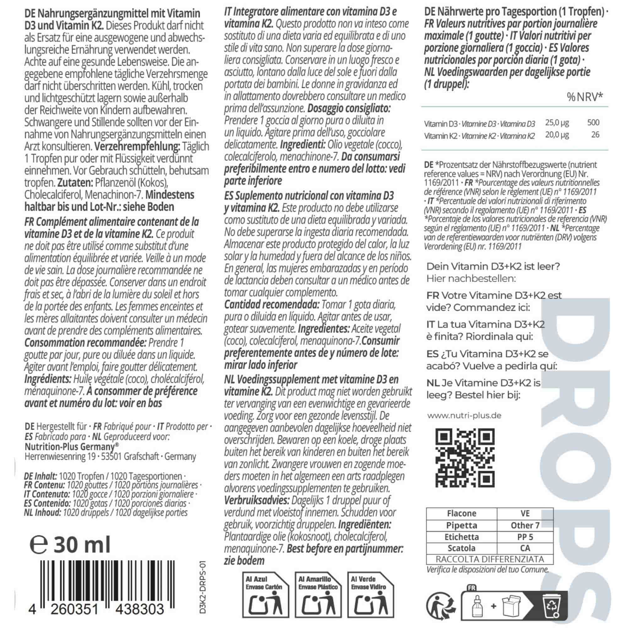 Rückseite der Verpackung von nutri+ Vegane Vitamin D3 + K2 Tropfen mit Nährwertangaben.