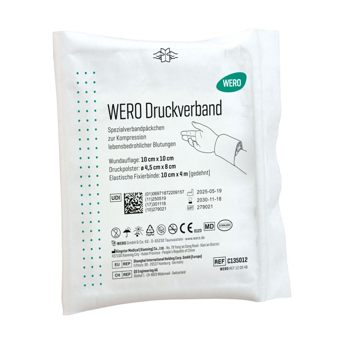Steriler WERO Druckverband in Verpackung mit Produktinformationen und CE-Kennzeichnung.