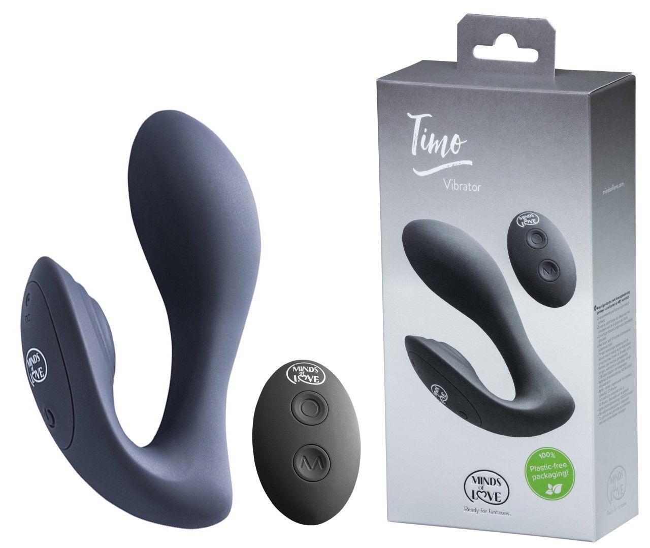 Dunkelgrauer Vibrator und Fernbedienung. Verpackung mit Produktname Timo Vibrator. Marke: MINDS of LOVE.