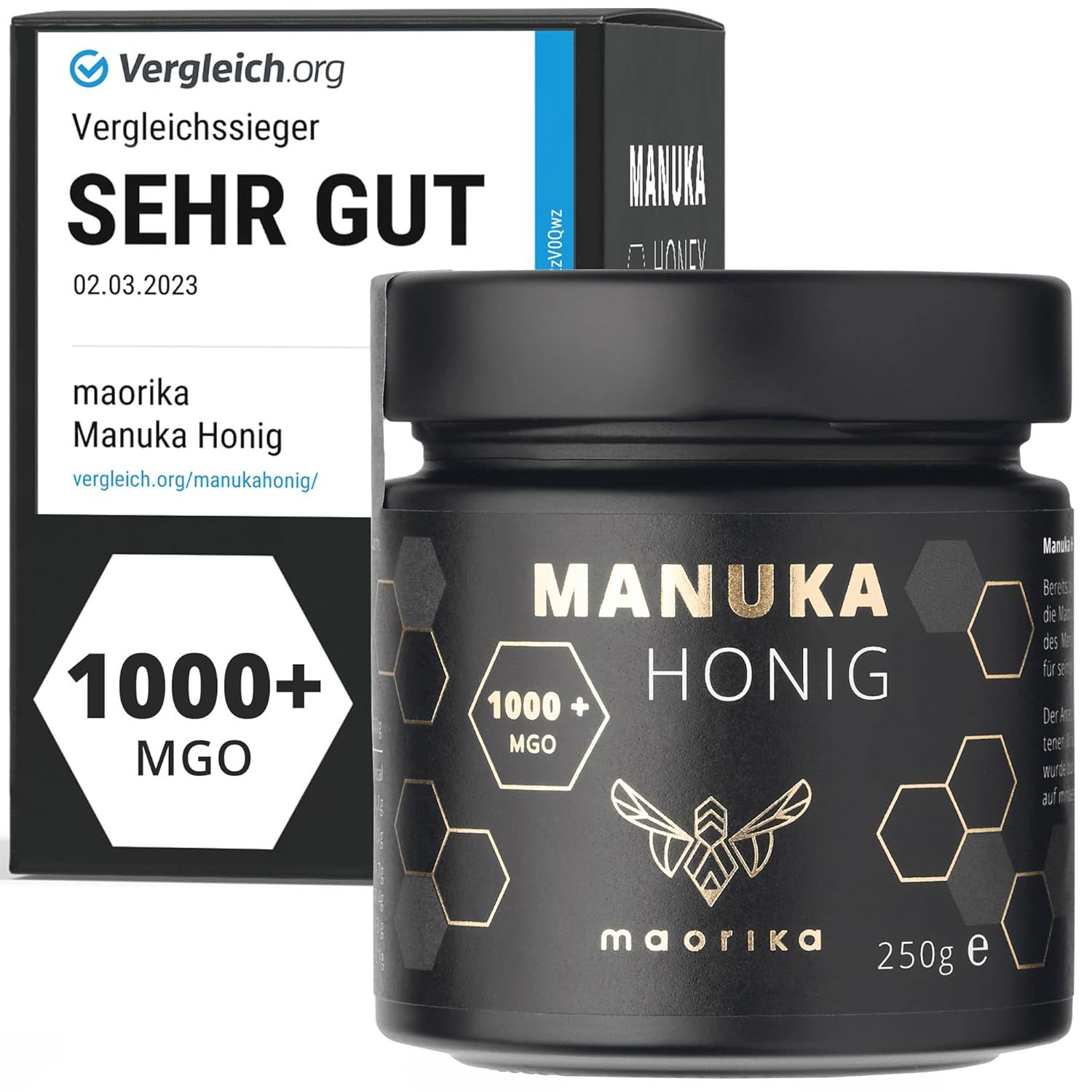 Maorika Manuka Honig 1000+ MGO Glas und Karton mit Auszeichnung "Sehr Gut".