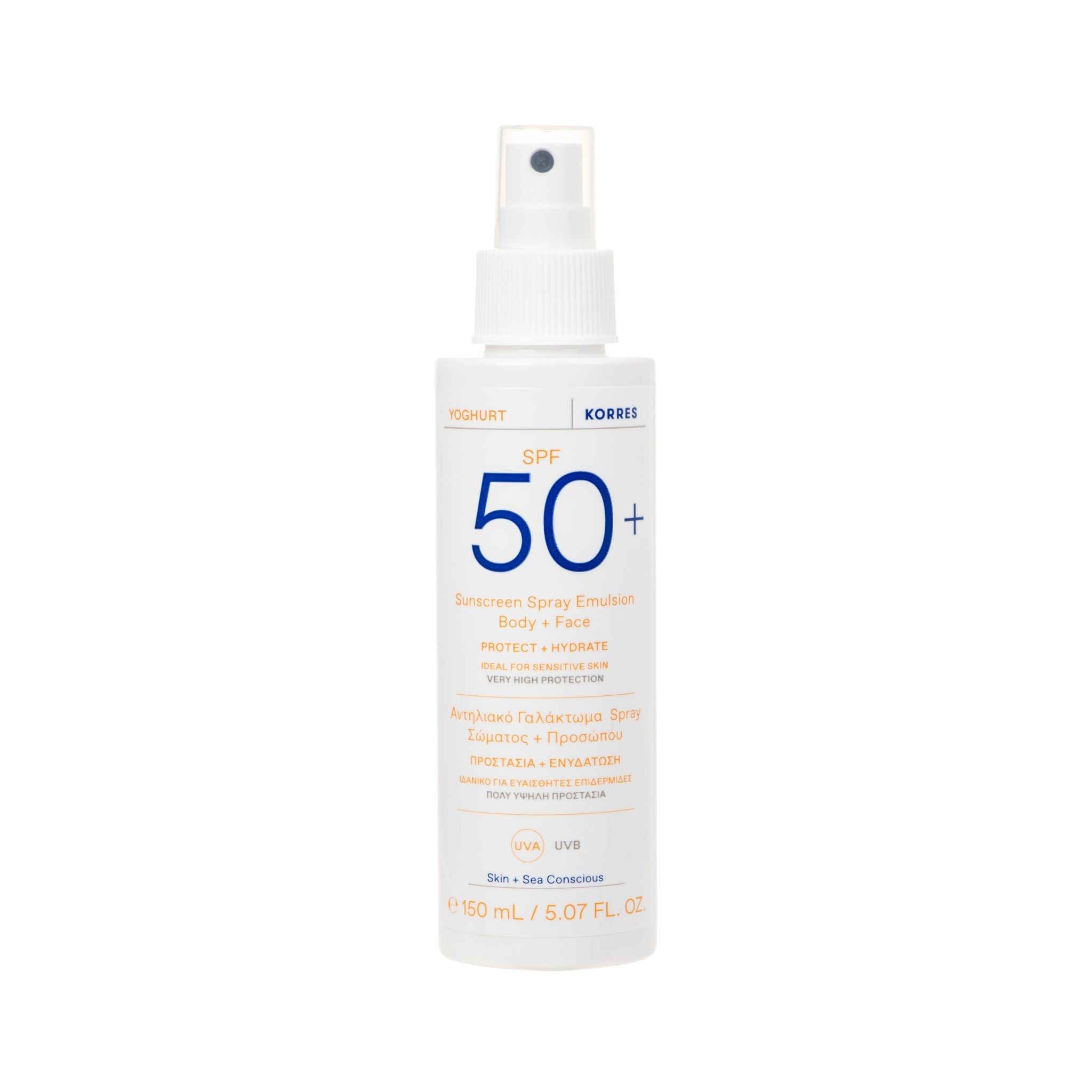 Weiße Sprühflasche mit SPF 50+. Text: Yoghurt, KORRES, Sonnenspray-Emulsion für Gesicht und Körper. Mit Sprühkopf.