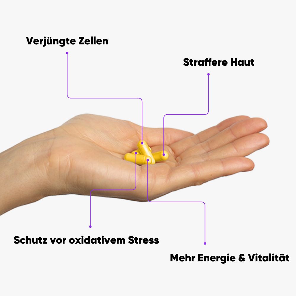 Hand mit gelben Kapseln. Beschriftungen: Verjüngte Zellen, Straffere Haut, Schutz vor oxidativem Stress, Mehr Energie & Vitalität.