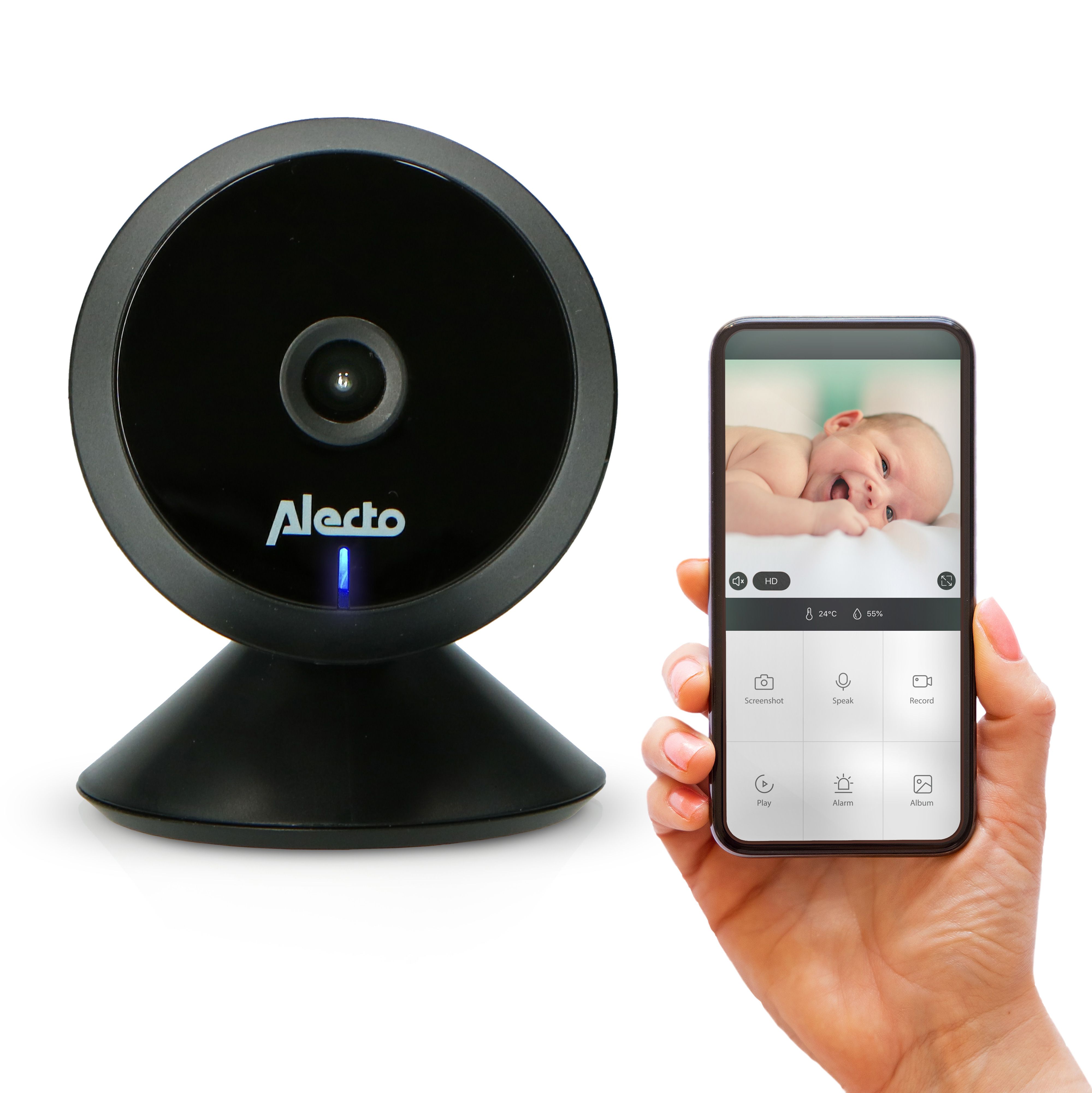 Schwarze Babykamera mit Alecto-Logo und Smartphone-Anzeige. Das Smartphone zeigt ein Baby an. Die Kamera hat eine blaue LED.