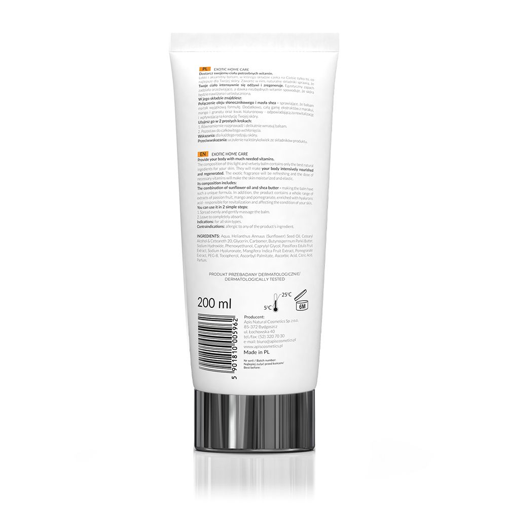 Rückseite einer Creme-Tube. Text: Exotic Home Care, Inhaltsstoffe, Gebrauchsanweisung. 200 ml.