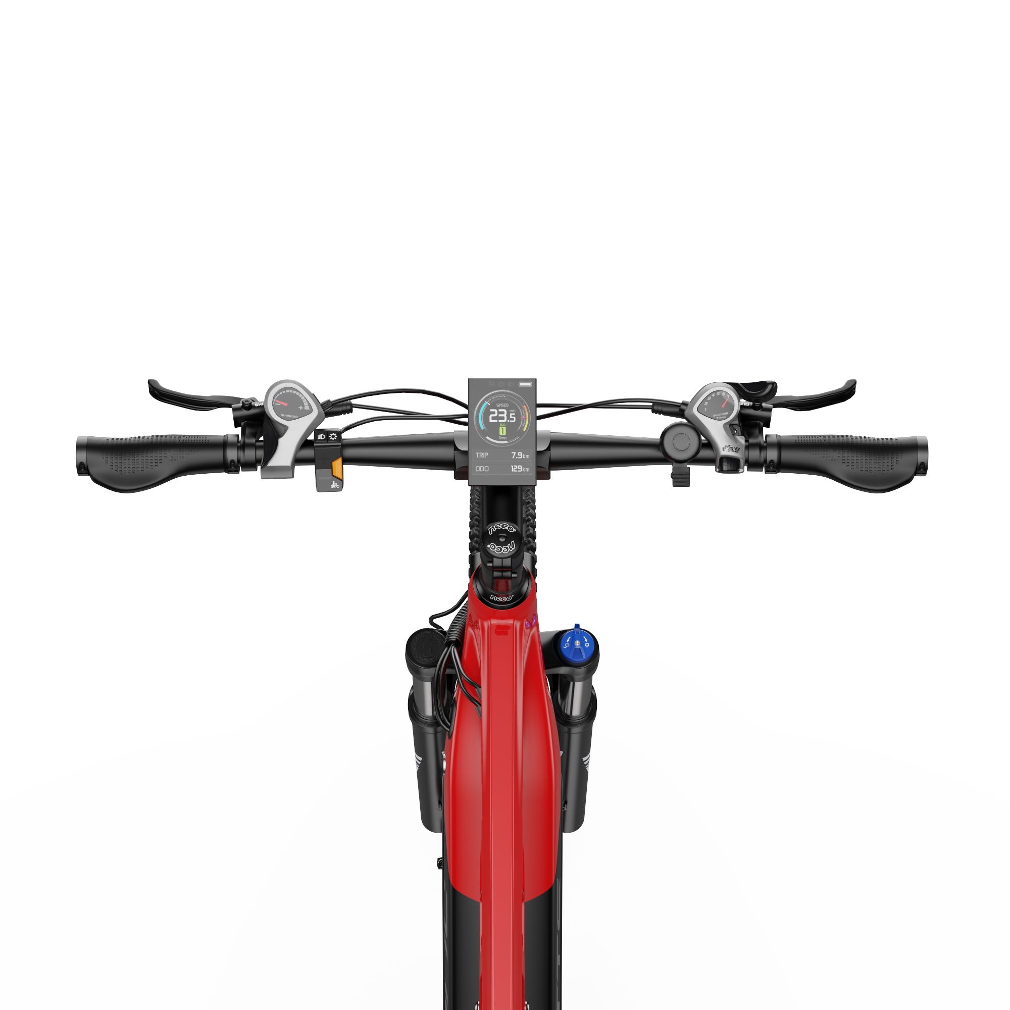 Nahaufnahme des Lenkers eines roten und schwarzen E-Mountainbikes. Digitales Display sichtbar.